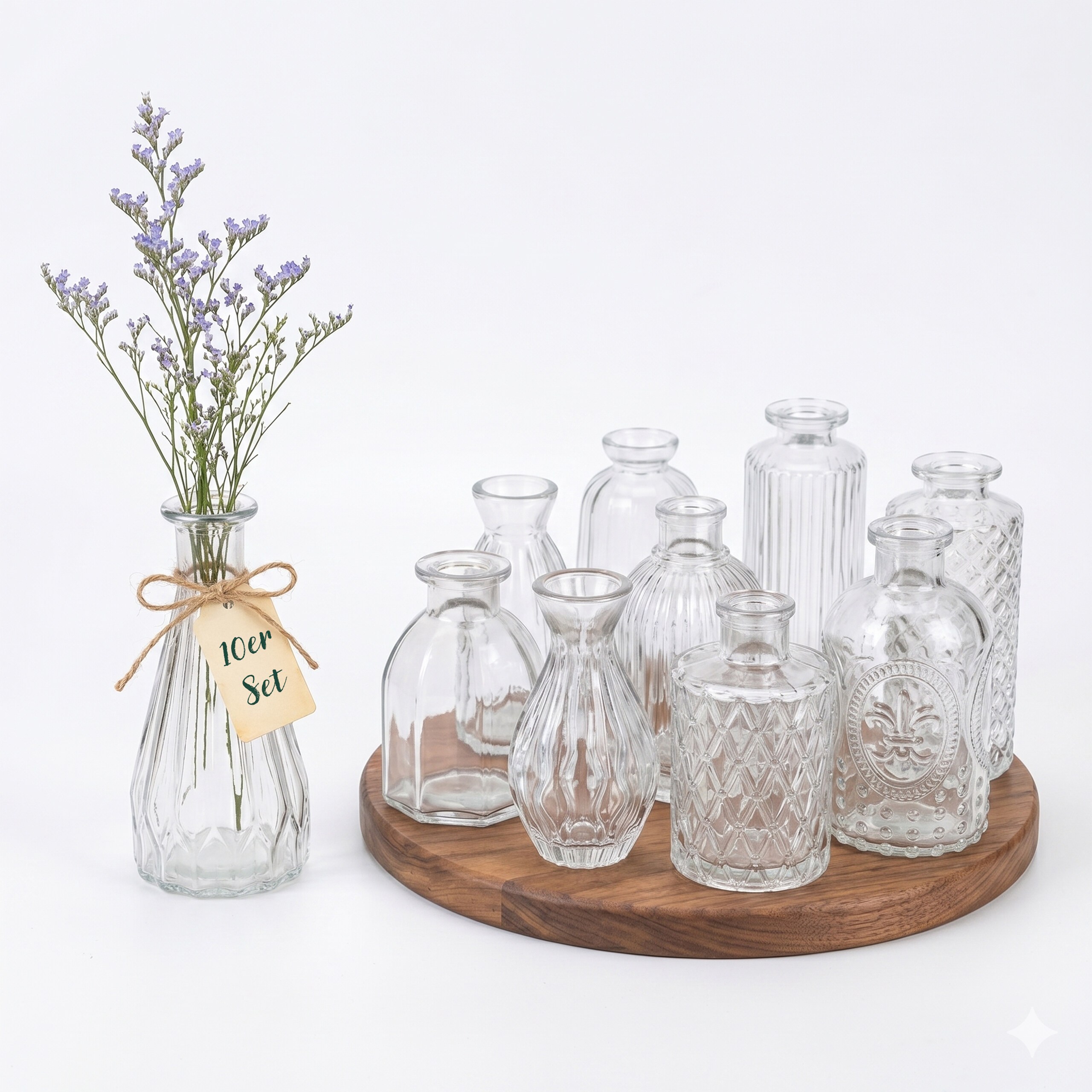Image of Textured Vases, Set Of 10, Glass, 10-14.7 Cm Tall, Ø 5-8 Cm, Transparent, For Table Decorations, Weddings, Parties, And Home, Flower Containers, Decorative Glasses, Tableware, Relaxdays