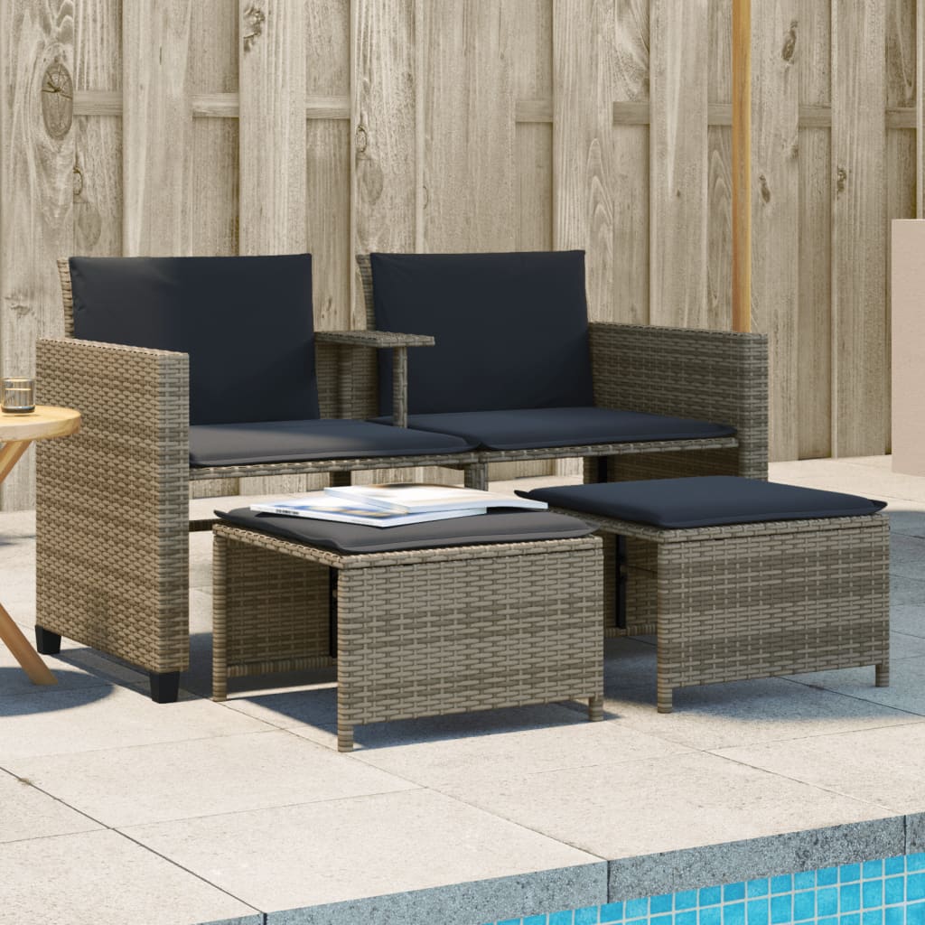 Image of Garden Sofa, 2-seater Sofa With Table Stool, Garden Armchair Garden Sofa Uv-resistant, Garden Furniture Seating Group, Grey Poly Rattan