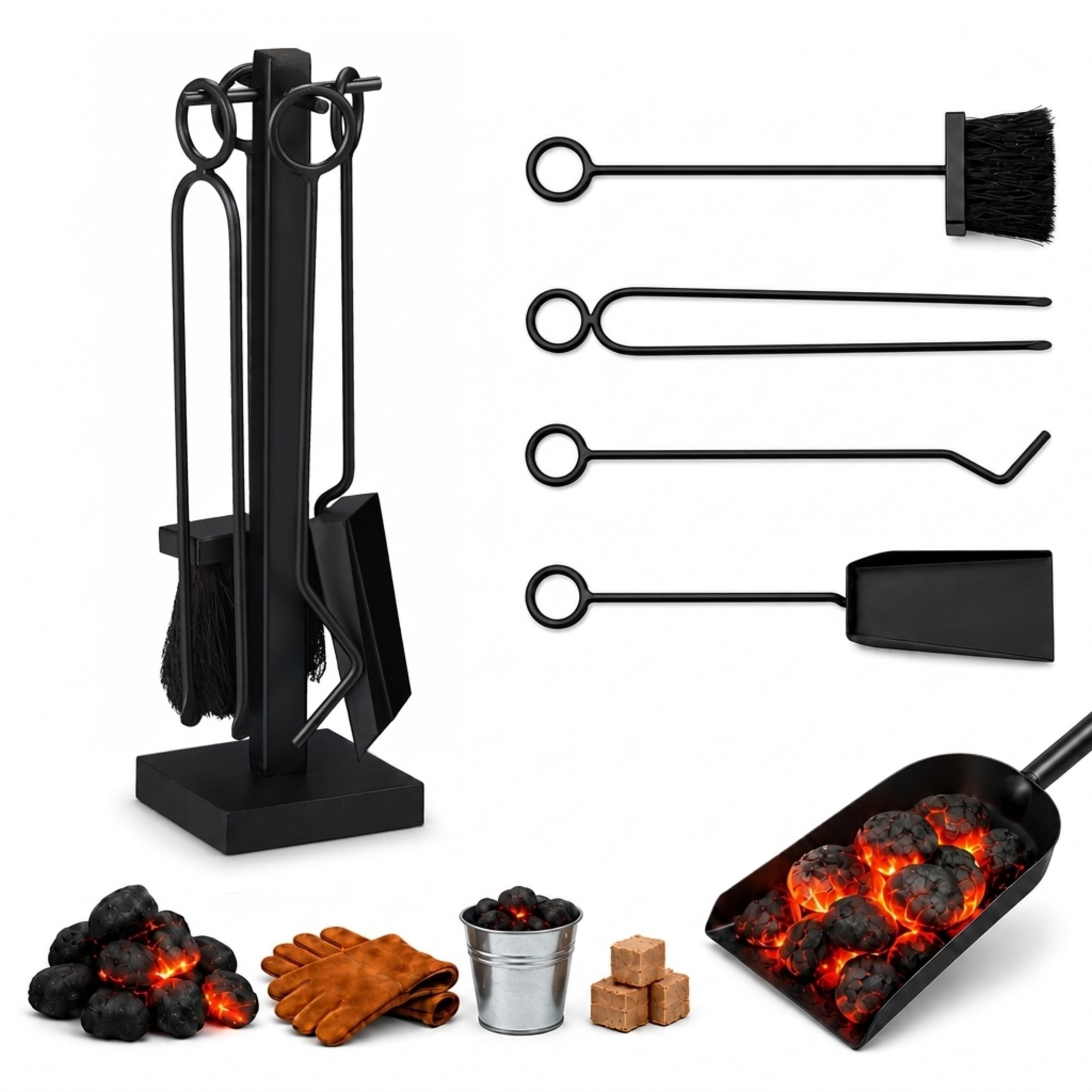 TEMU Fireplace Tool Set 5pcs, Iron, Black, Support 40.5 X 11.5 X 11.5 Cm, 35 Cm Poker, Ash Shovel, Brush And Tongs, For Living Room, Fireplace And