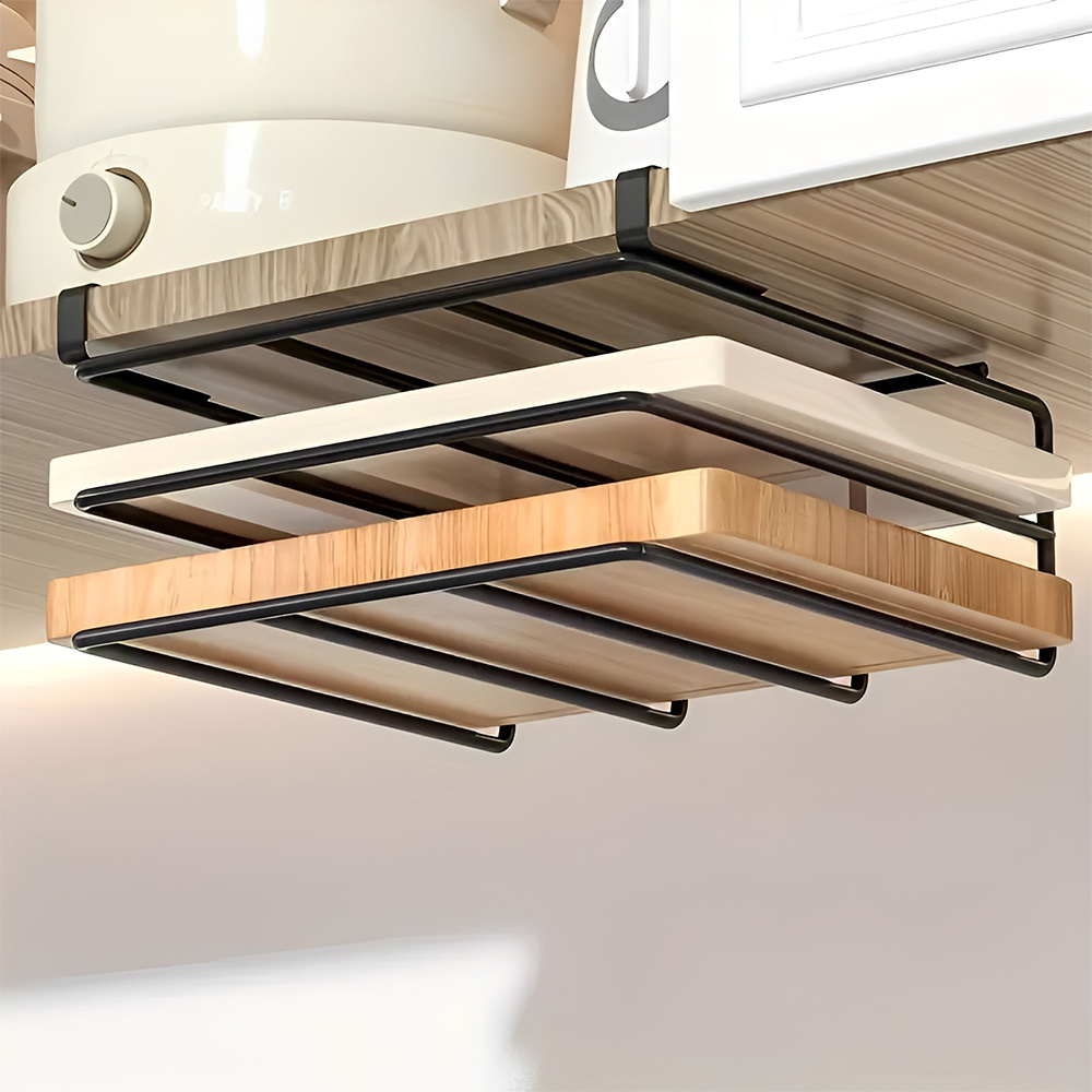 TEMU 1 Piece, Black Two-layer, No Drilling Cutting Board Rack, Cabinet Cutting Board, Cutting Board Storage Rack, Cabinet Pull-out Pot Cover Rack,