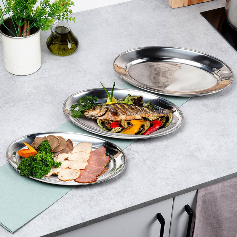 TEMU Set Of 3 Oval Serving Plates, Made Of High-quality Stainless Steel, Polished To A High Gloss, Ideal For Serving Snacks, Dishes, Fruits, And