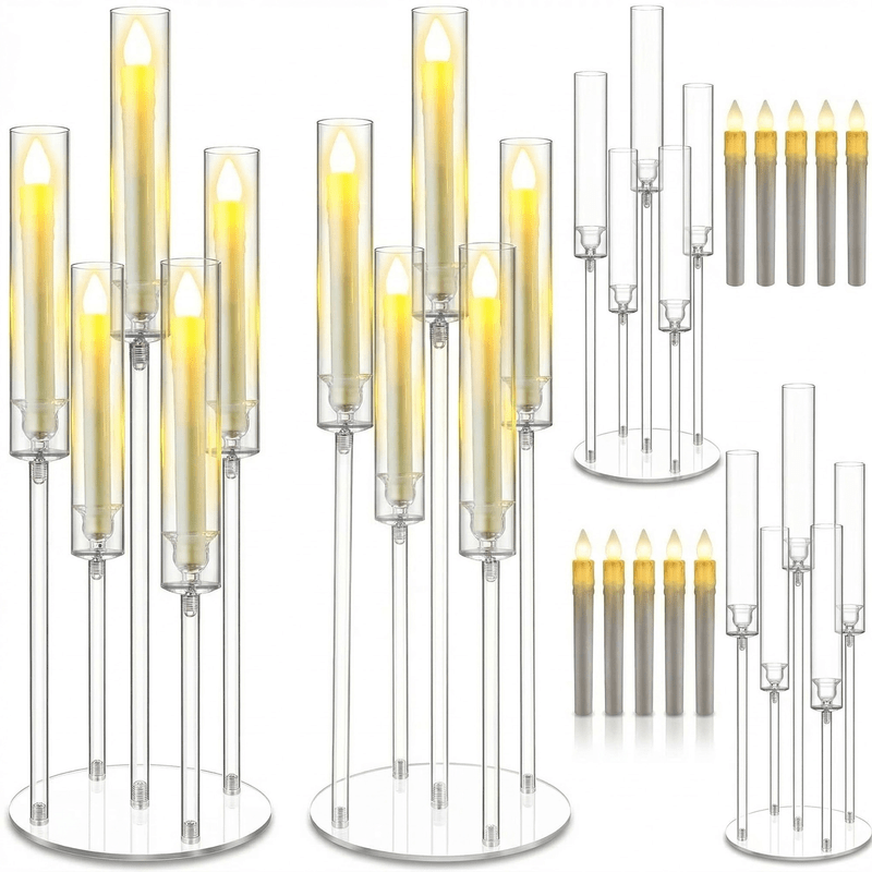 Image of Multi-piece Acrylic Five-head Desktop Candle Holder With Artificial Moss, Garden Trellis, Artificial Greenery Foliage, Bamboo Fence Screening, And Wall Decor