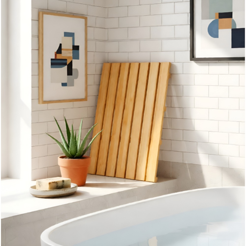 TEMU Large Bamboo Shower Mat 60x35cm - Anti-slip Board With Rubber Feet, Quick Dry Bathroom Floor Mat For Spa, Pool, Sauna, Indoor & Outdoor Use