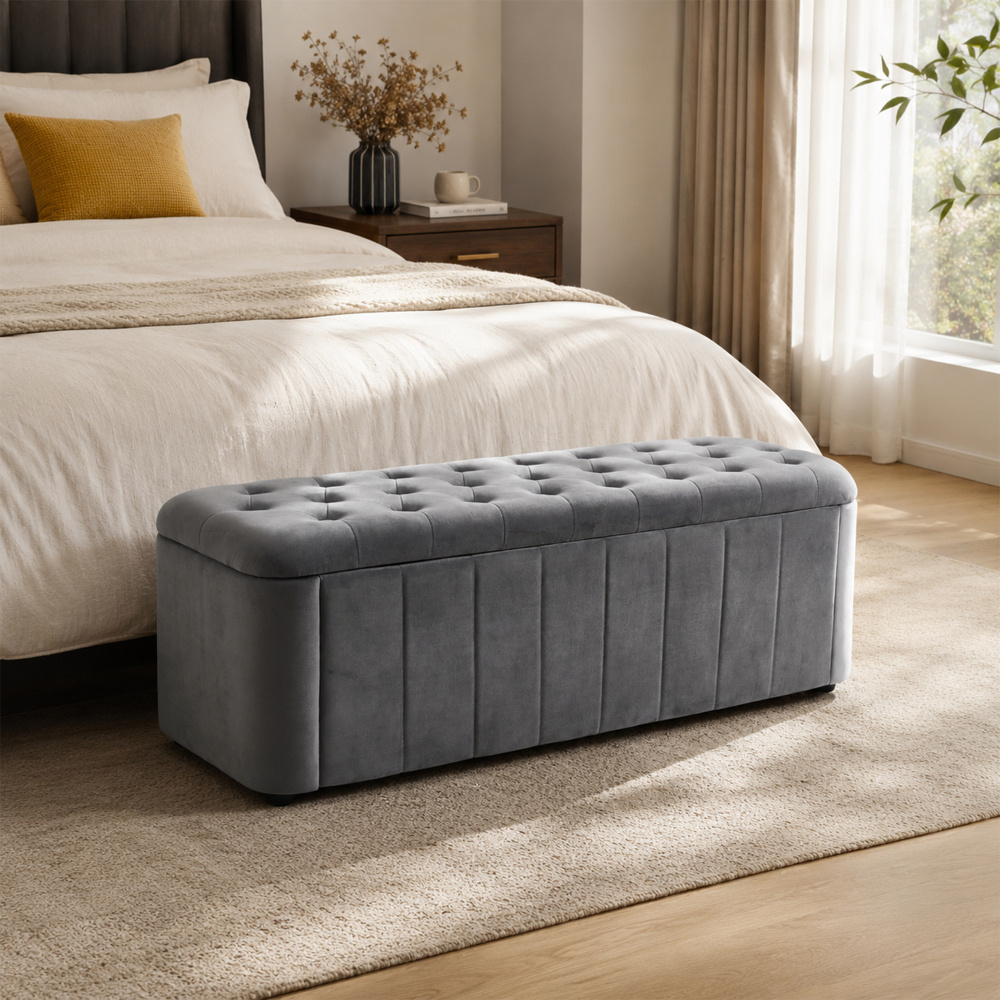 Image of Velvet Upholstered Storage Bench 132×47×44cm With Button Tufting And Hidden Storage Space, Supports Up To 130 Kg For Living Room, Bedroom, Hallway