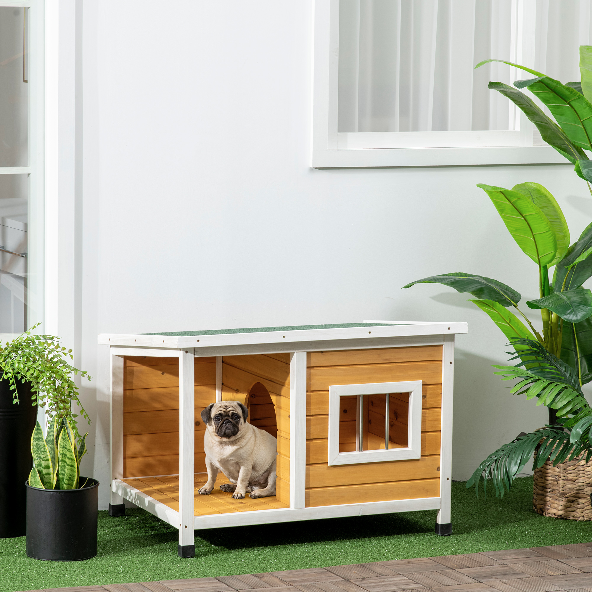 Image of Outdoor Dog House, Wooden Dog Kennel With Foldable Asphalt Roof, Weatherproof Dog Cave With Terrace, For Small Dogs, Outdoor Orange, 85.5 X 62 X 60 Cm