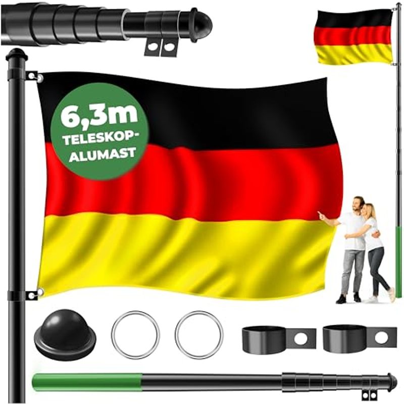 TEMU Kesser® Telescopic Flagpole Aluminum 6.30m With 60cm Ground Sleeve, Includes German Flag, Height-adjustable Flagpole, Germany Flag, Aluminum