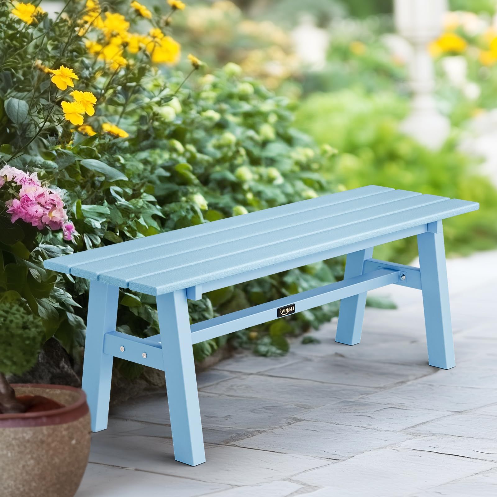 Image of Bonnlo Bench Hdpe, Weather-resistant Garden Bench With Metal Legs, Bench Without Backrest, Garden Furniture Loadable Up To 300kg, Modern Bench For Garden, Hallway, Dining Room, 118cm (blue)