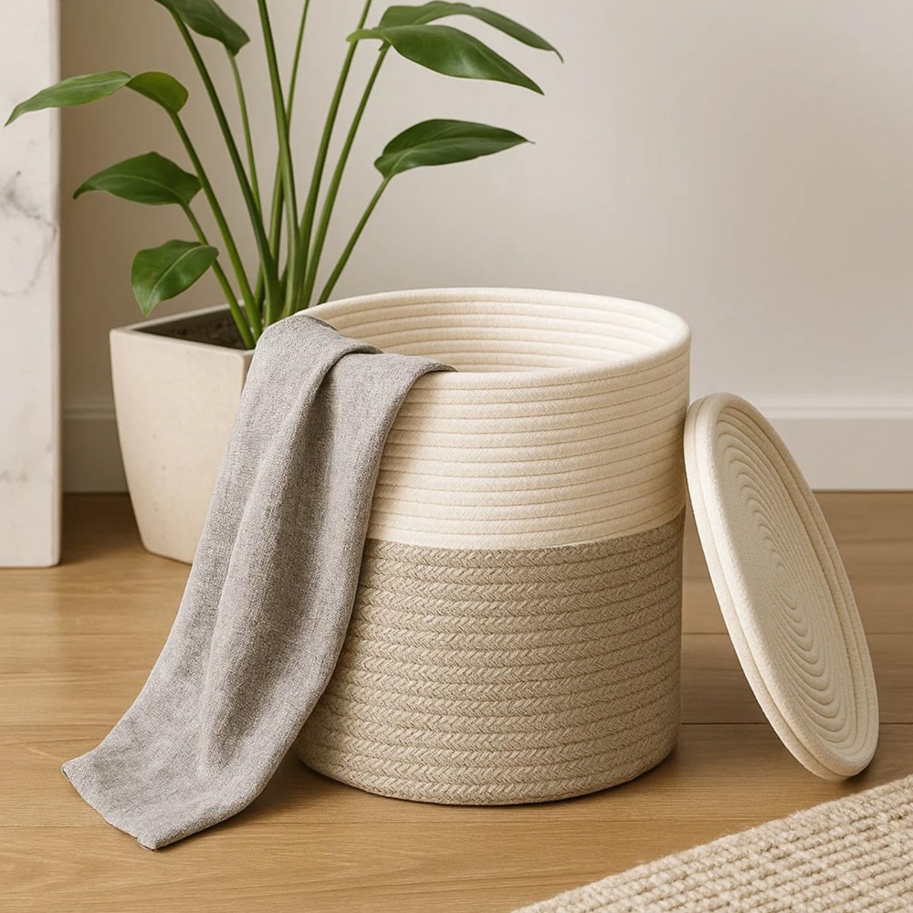 Image of Basket With Lid, Braided Rope Basket For Laundry, Towels & Small Items, Stackable Living Room And Bedroom Organizer, Grey-white