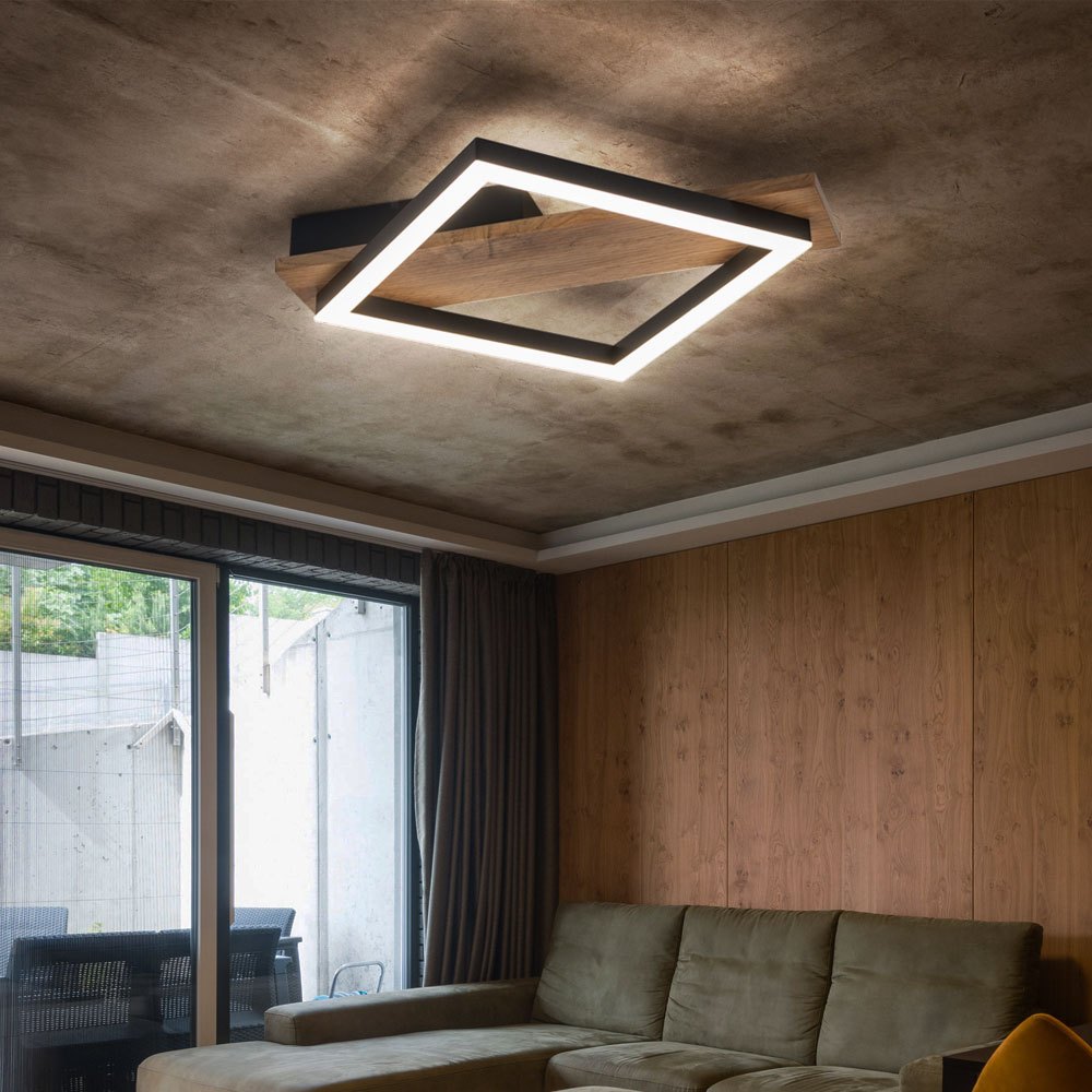 Image of Led Ceiling Lamp, Design Lamp For Living Room, Dining Room, Kitchen, Metal With Wood Look, Plastic, Black, 12w 3000k Warm White, H 5.5 Cm