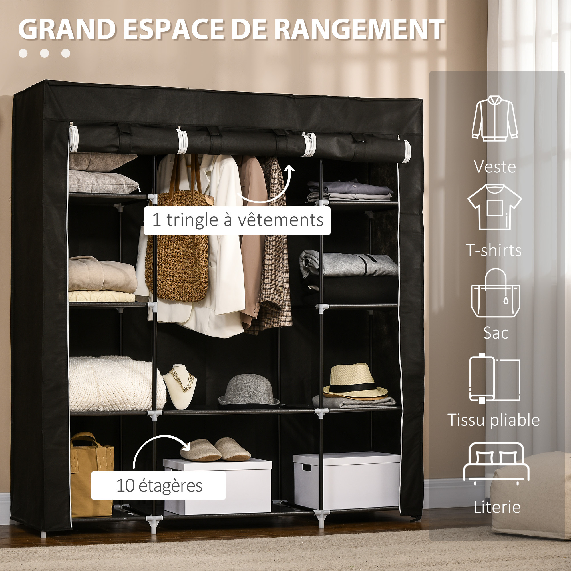 Armoire De Rangement En Toile – Penderie Portable – 149x44x174cm – Neuve