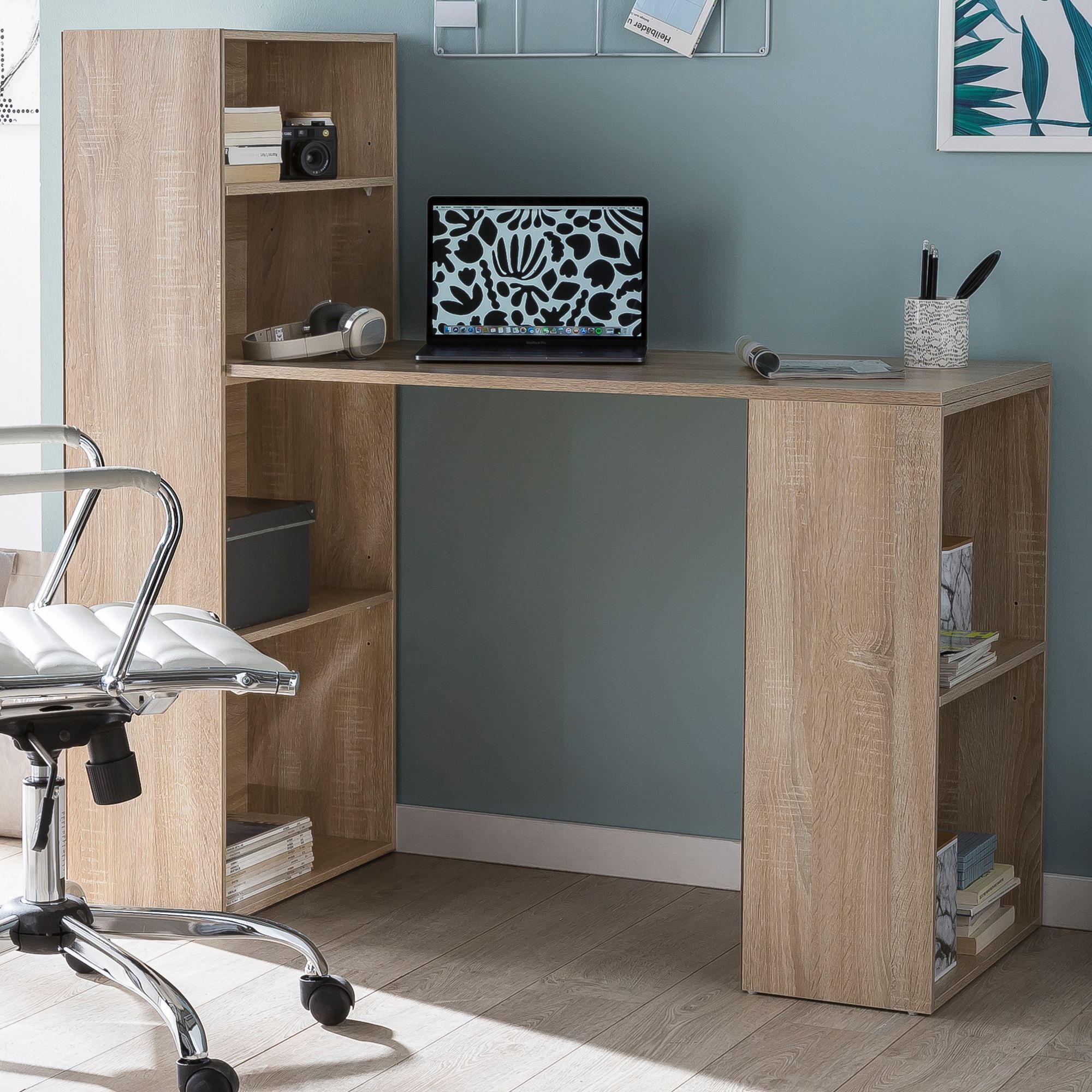 Desk With Shelf 120x120x53 Cm Wood Modern, Desk Shelf Storage Compartments Pc Table, Computer Table With Storage, Design Table Office With Storage