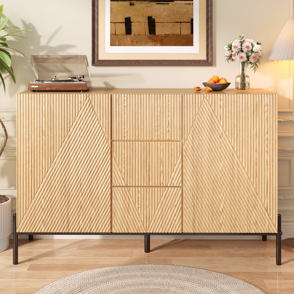 Image of Sideboard With Wood Grain Finish, 2 Doors, 1 Drawer, Iron Legs For Living Room, Dining Room, Hallway