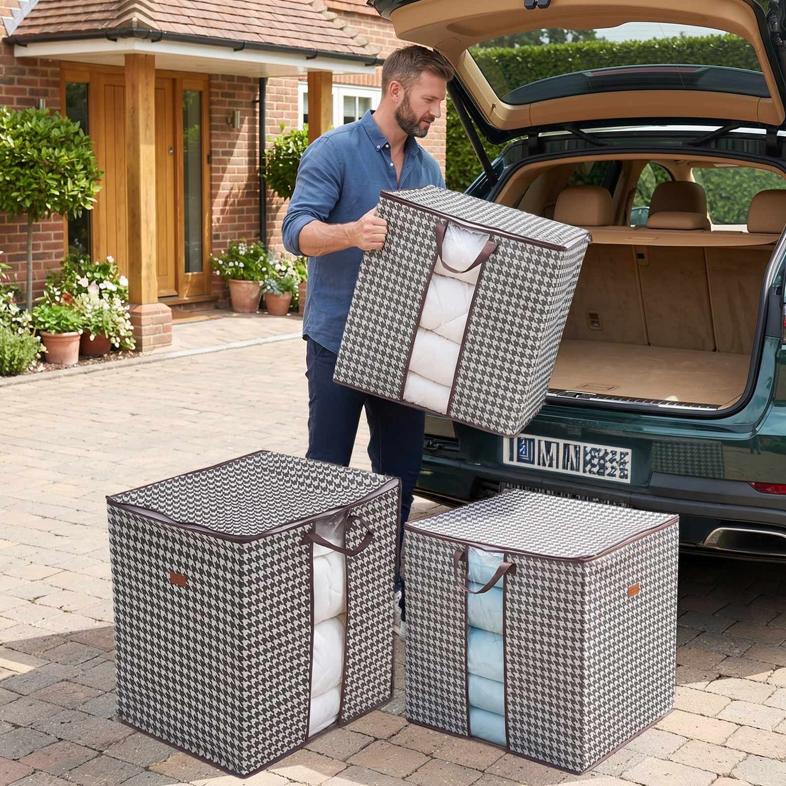 Pack of 3 Houndstooth Storage Bags - Collapsible Dustproof Boxes