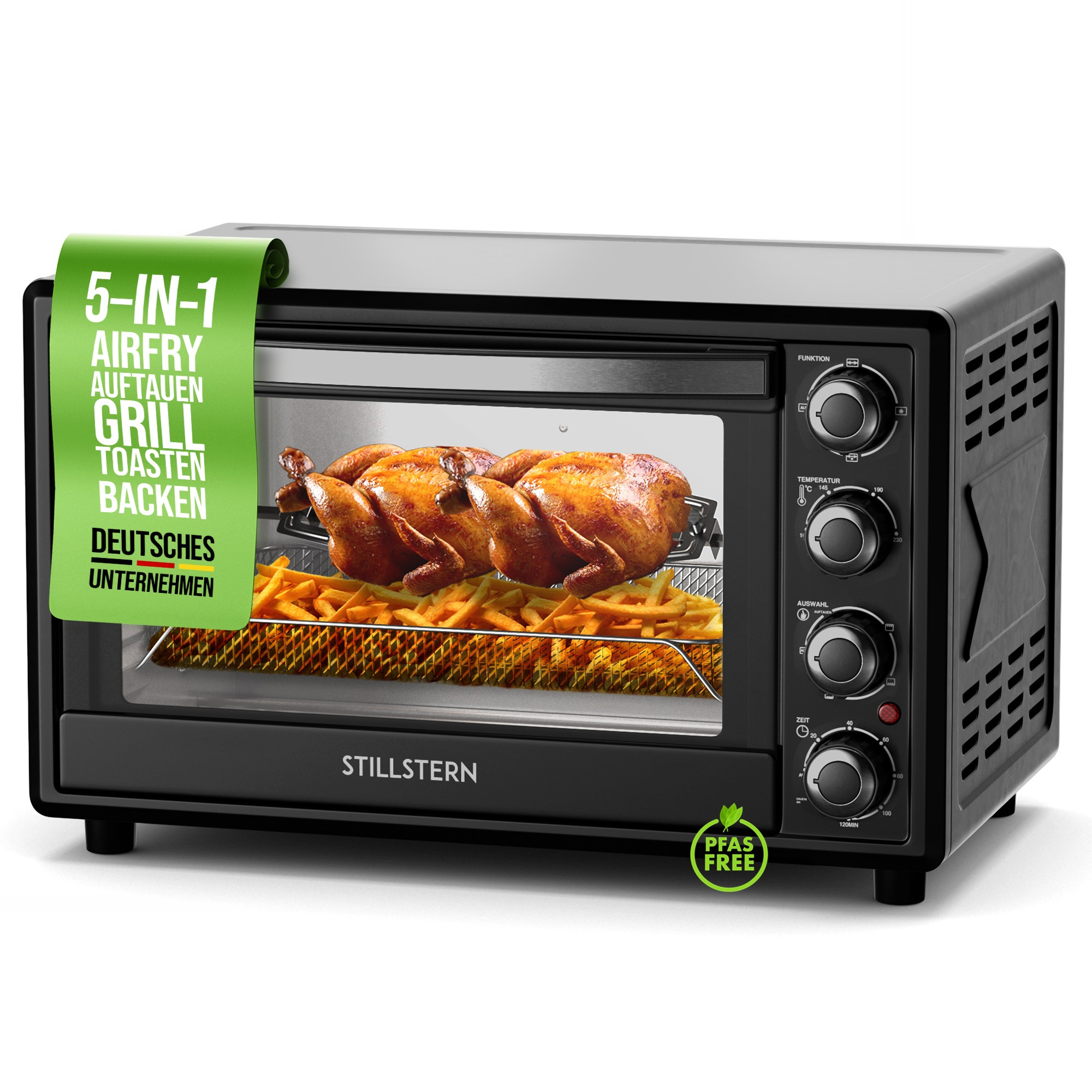 Mini Oven With Convection, 35l (de Version), Pizza Ø28, Cyclone Pro+ Coating, Function, 2-hour Timer, Camping Mini Oven, Convection Pizza Oven, Small Oven, With Rotating Spit