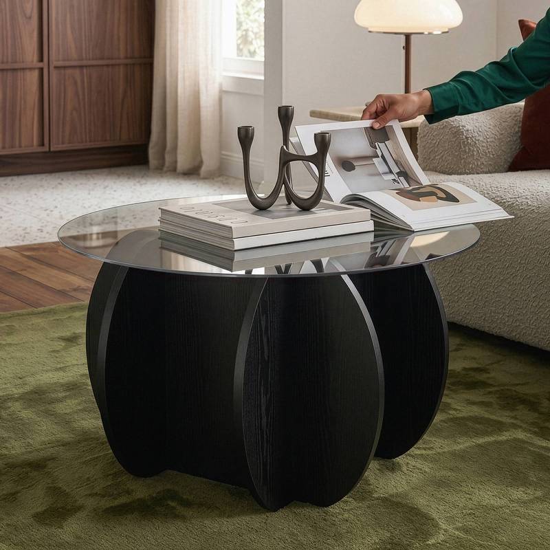 70 X 40 Table With Smoked Glass Round Plate In Black/grey