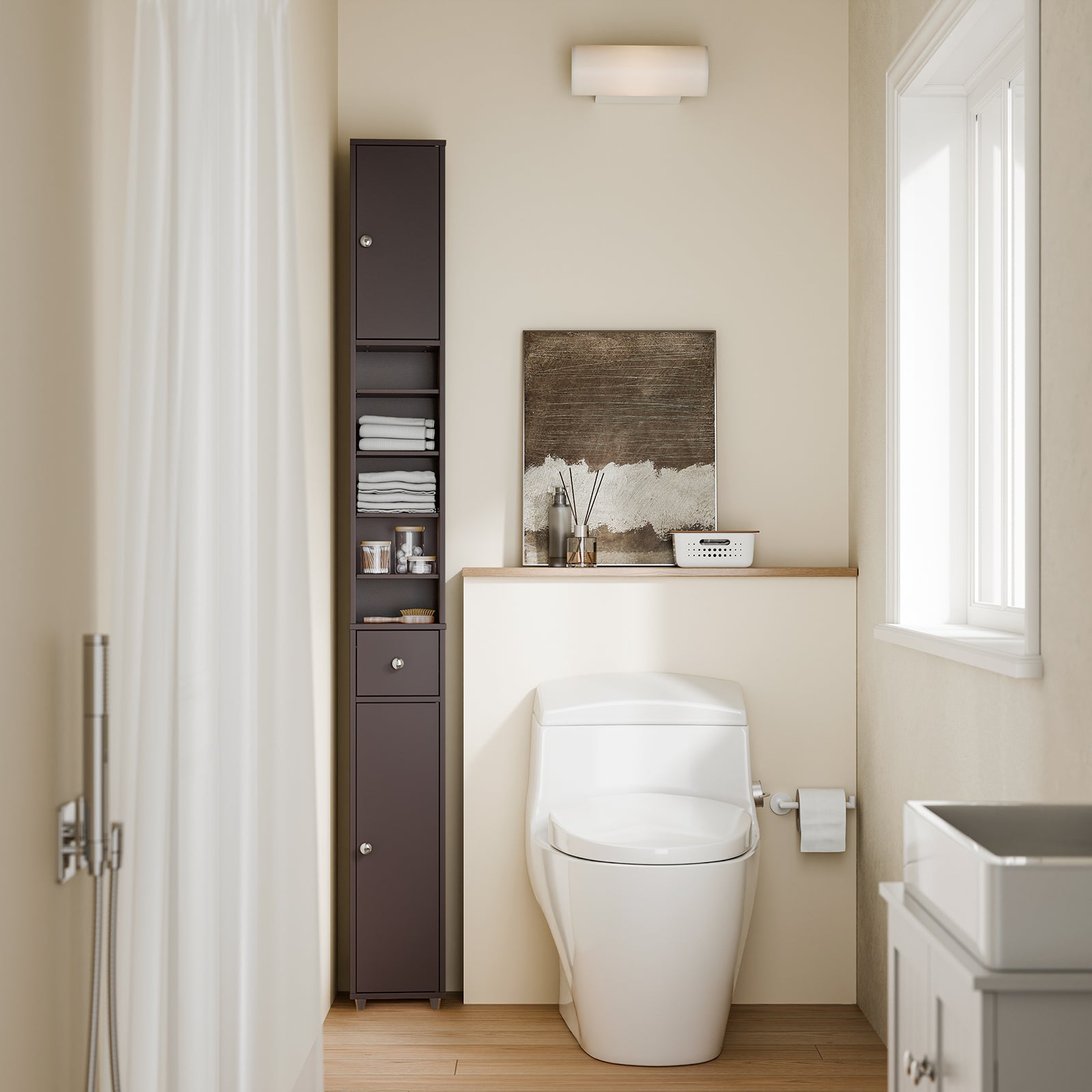 Image of Sobuy Bzr34-ii-br Narrow Bathroom Column - Waterproof, Tall Bathroom Cabinet With Adjustable Shelves And Drawer - Space- Cabinet,, Dark Brown, 20x180x20cm