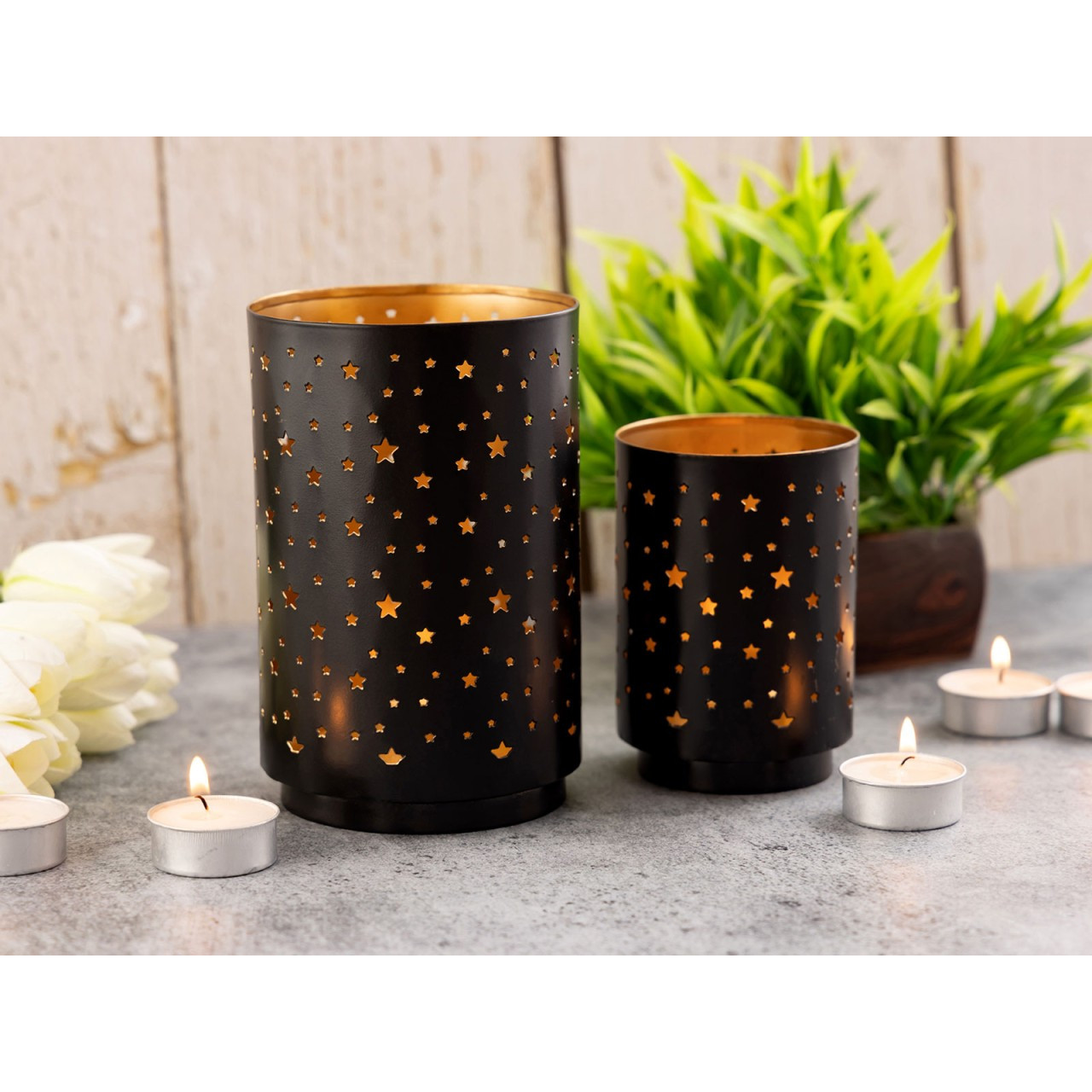 E-shop Teelichthalter 2er Set Kerzenständer Sternenhimmel Kerzenhalter rund schwarz gold