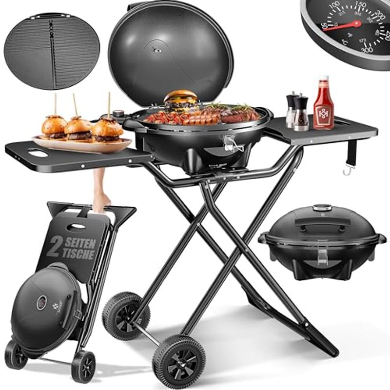 Image of Kesser® Electric Grill 2-in-1 Tabletop Grill - Stand Grill With Lid And Base | Max. 2400 Watts | Foldable | Thermometer | Coating | Grill Plate With Side Tables |