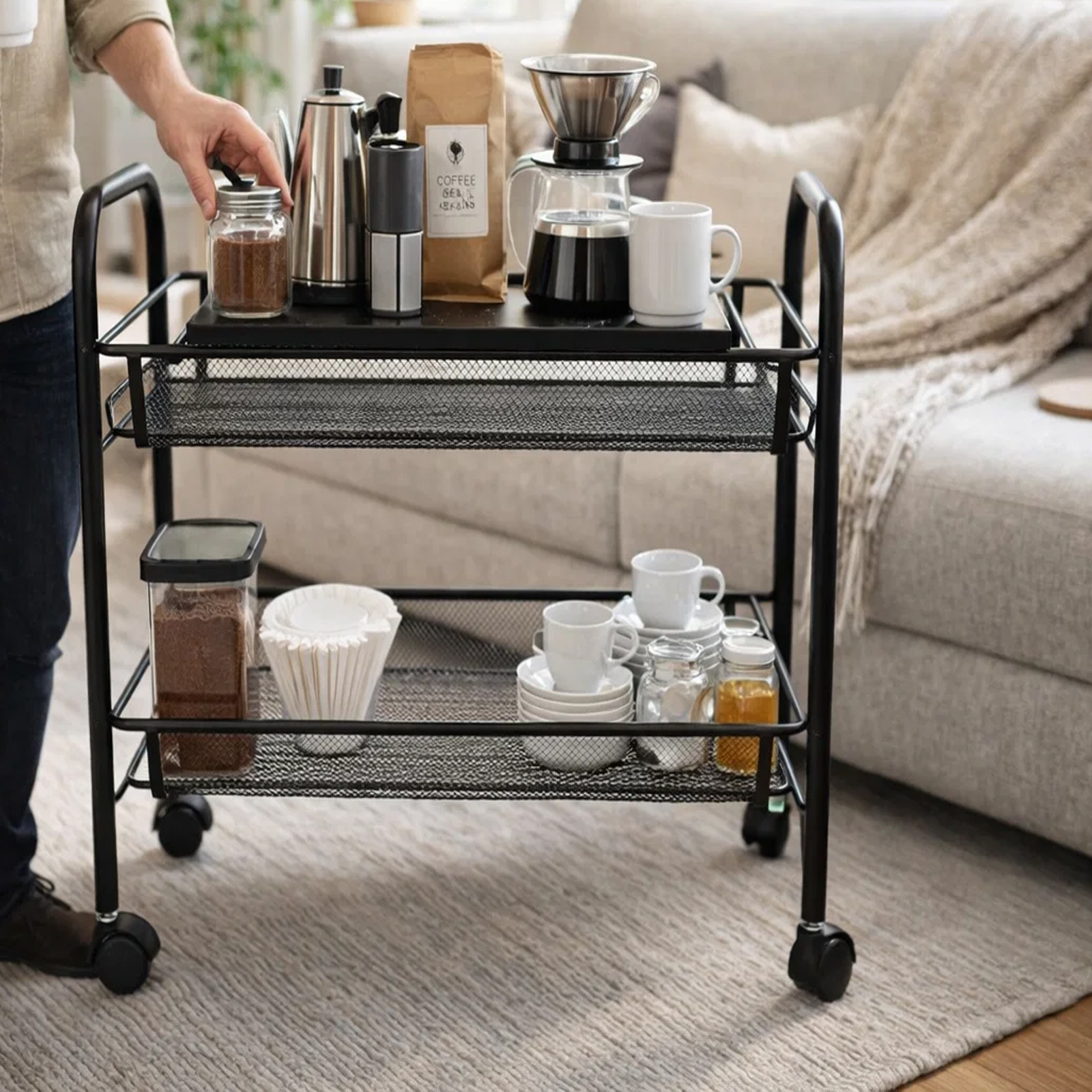 TEMU Mobile Coffee Station Organizer With Wheels 2-tier Rolling Cart For Kitchen Countertop Coffee Bar Accessories Organizer Sturdy Iron Metal Mesh
