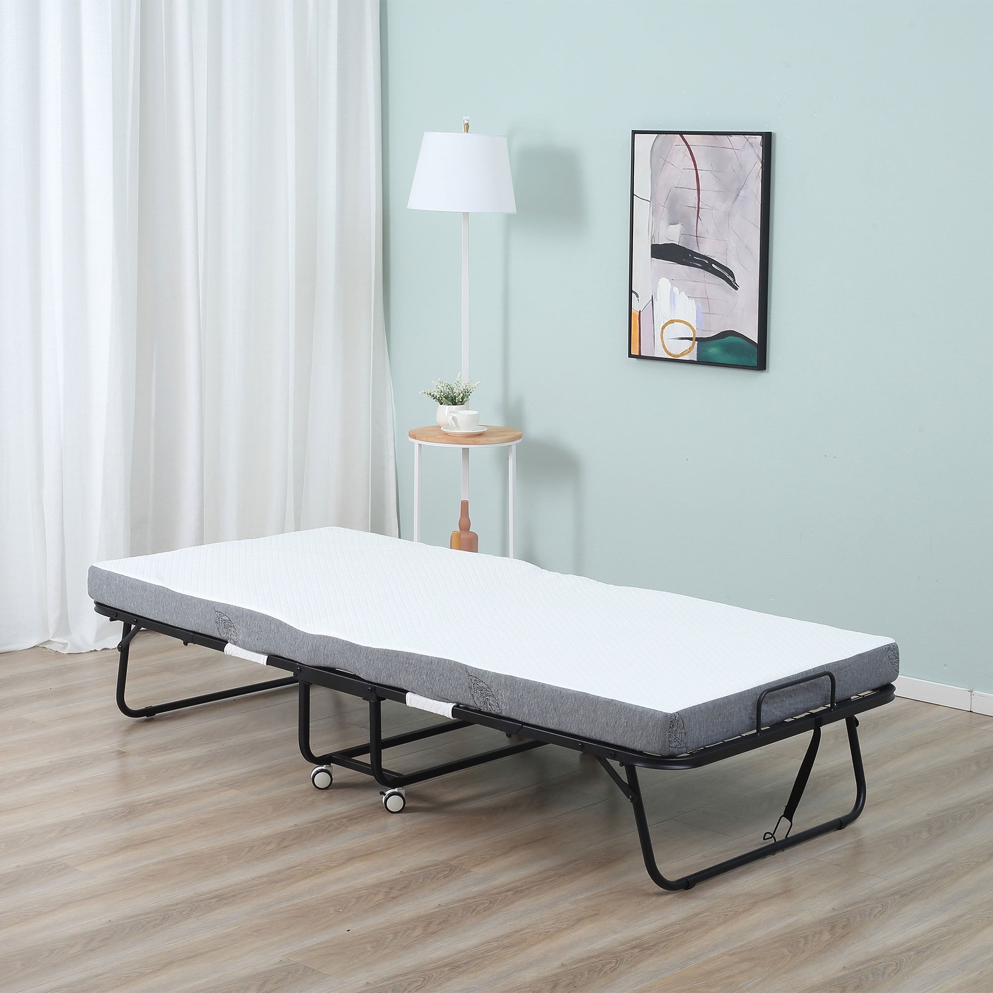Folding Bed 80x200 Cm, Adult Guest Bed, Foldable With 10cm Thick Foam, Travel Bed With , Cot Bed With Wheels, Supports Up To 150 Kg, Single Bed