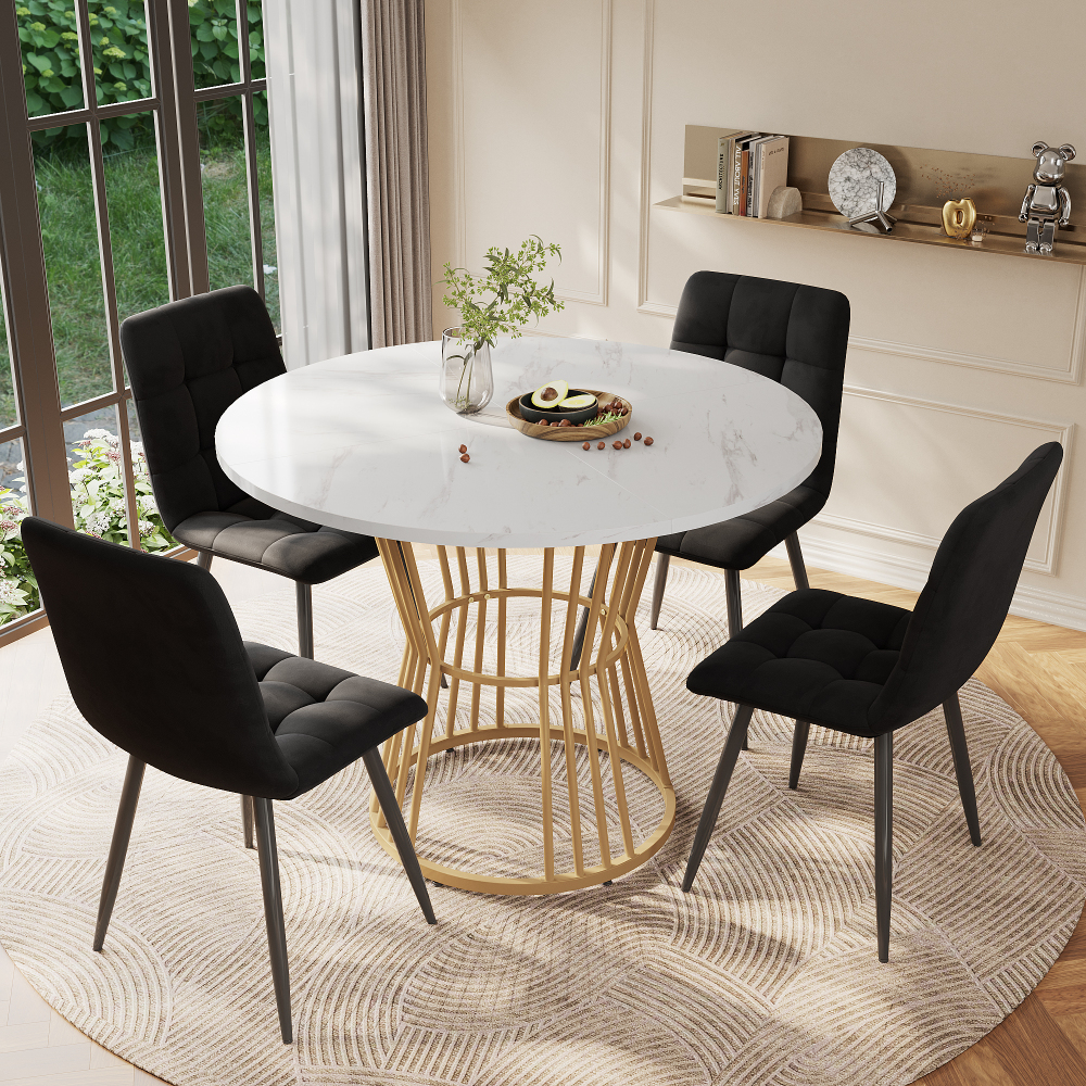 Round Dining Table 100 Cm In Diameter With Marble Pattern & Metal Frame – Moderndesign, Height 75 Cm, Stable Material, Ideal For Kitchen, Dining Office