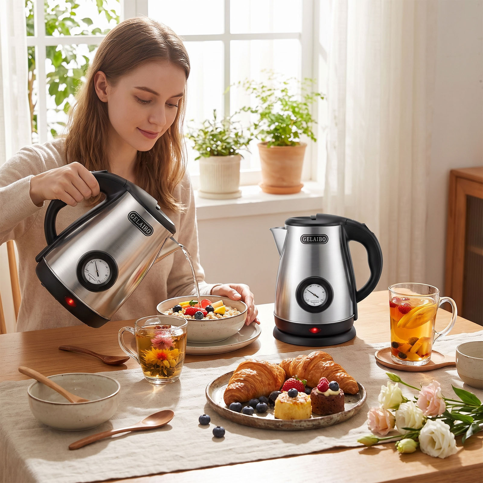 TEMU Electric Water Kettle, Household Electric Boiling Kettle. Fast Boiling Stainless Steel Heating Pot With Temperature Gauge, Large Smooth Pouring