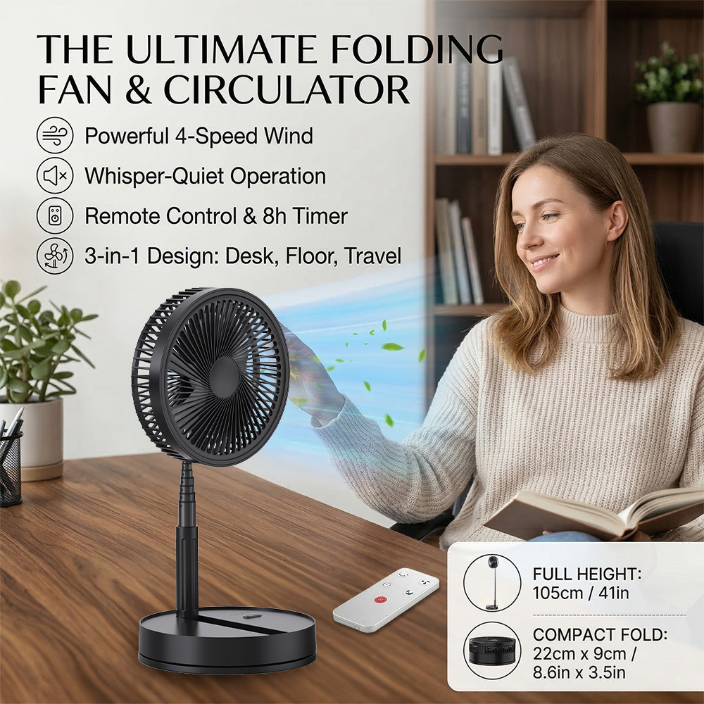 Portable Standing Fan With Remote Control, Height Adjustable 15.75–41.75 In, Foldable Pedestal Fan, 8000mah Rechargeable Battery Usb Powered Floor Fan, 4 , Quiet, For Bedroom, Camping & Desk Use