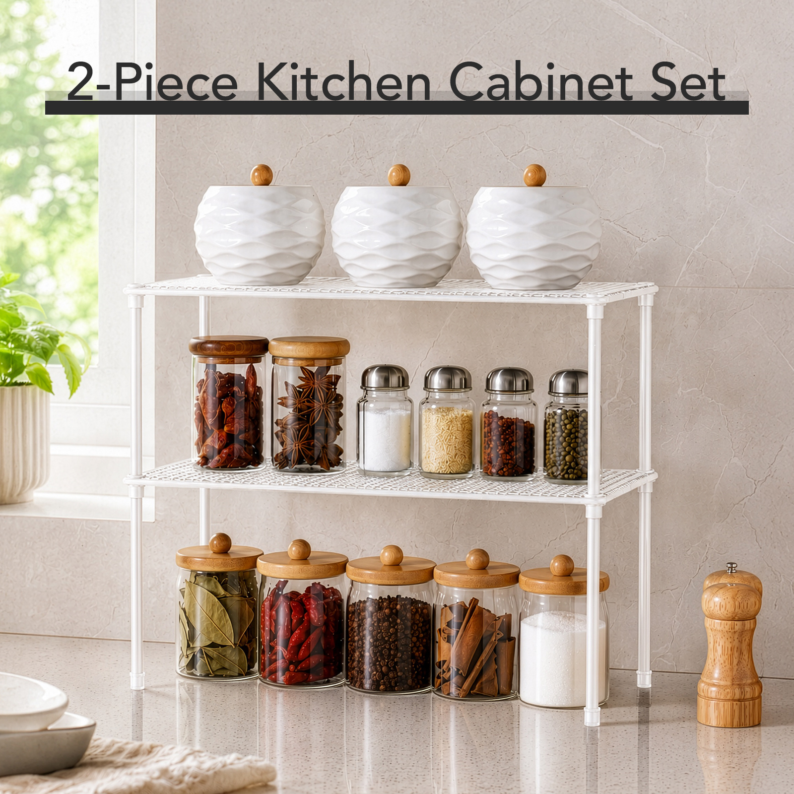 2-Tier White Mesh Metal Storage Rack for Kitchen & Bathroom