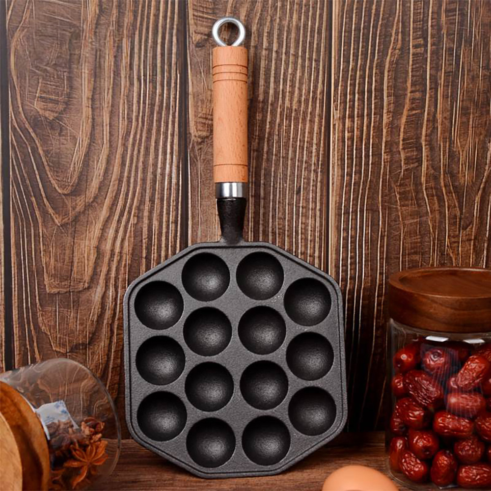 TEMU Cast Iron Pot Fry Pan Round 14-holes Egg Pan, Home Kitchen Breakfast Frying Pan Eggs Maker Dumpling Pot Cookware With Wood Handle