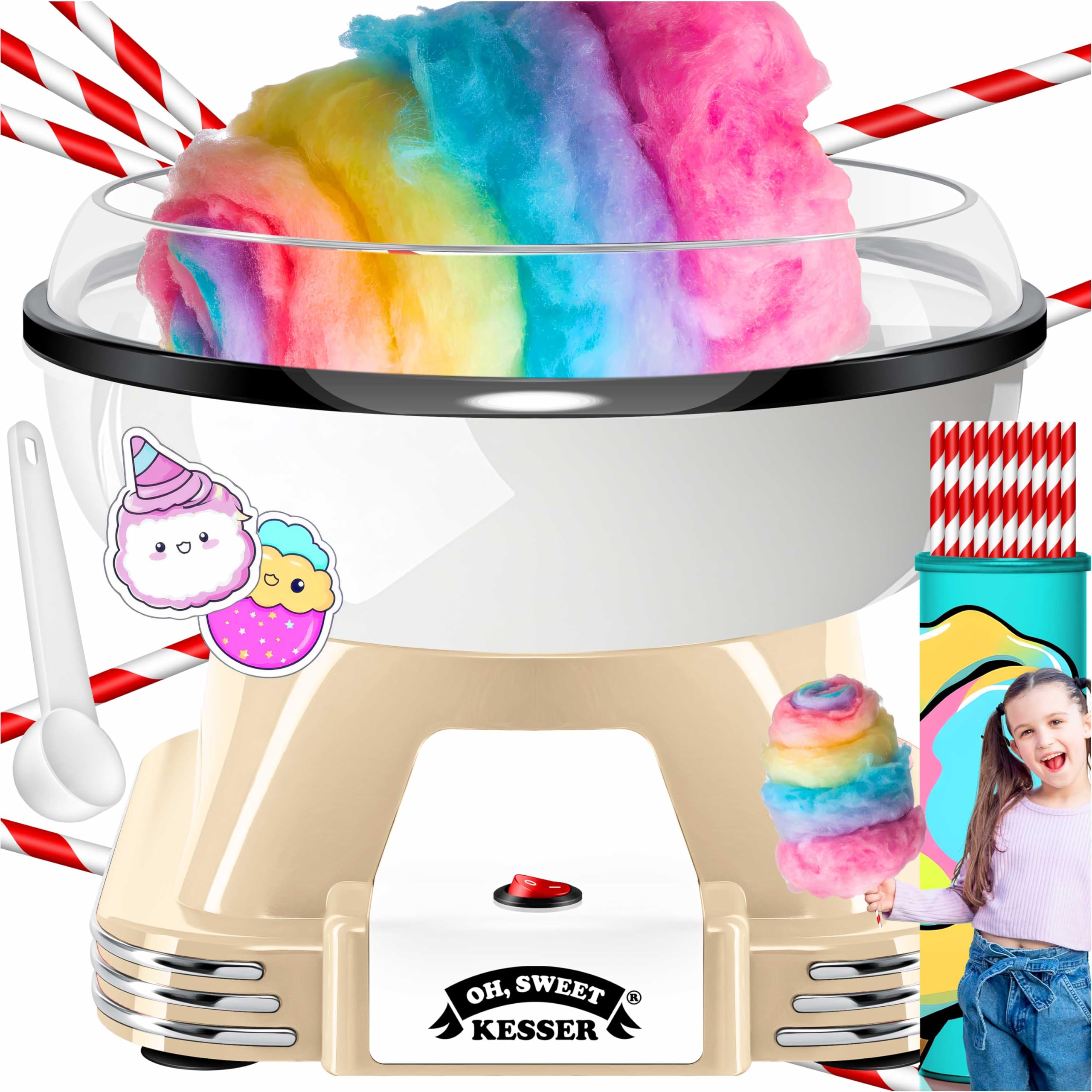 Kesser® Cotton Candy Machine Set - With 30x Cotton Candy Sticks & Measuring Spoon - Retro Cotton Candy Machine - Cotton Candy Machine With Accessories - Height 22 Cm - 500 White