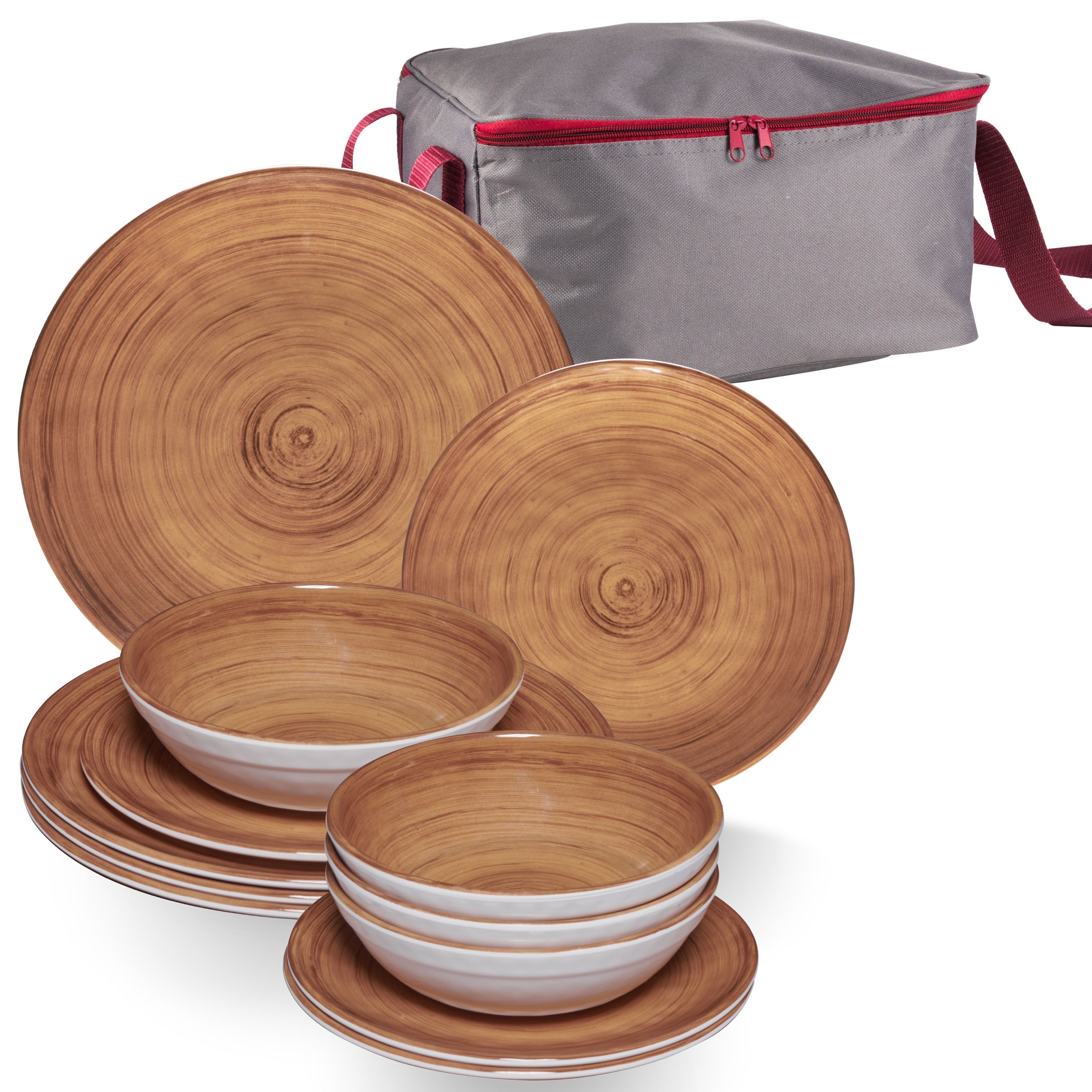 Melamine Dinnerware Set Brown For - 13 Pieces Wood Look With Storage Bag, Dishwasher Safe, Camping Tableware, Camping Accessories, Camping, Festival, Garden Party