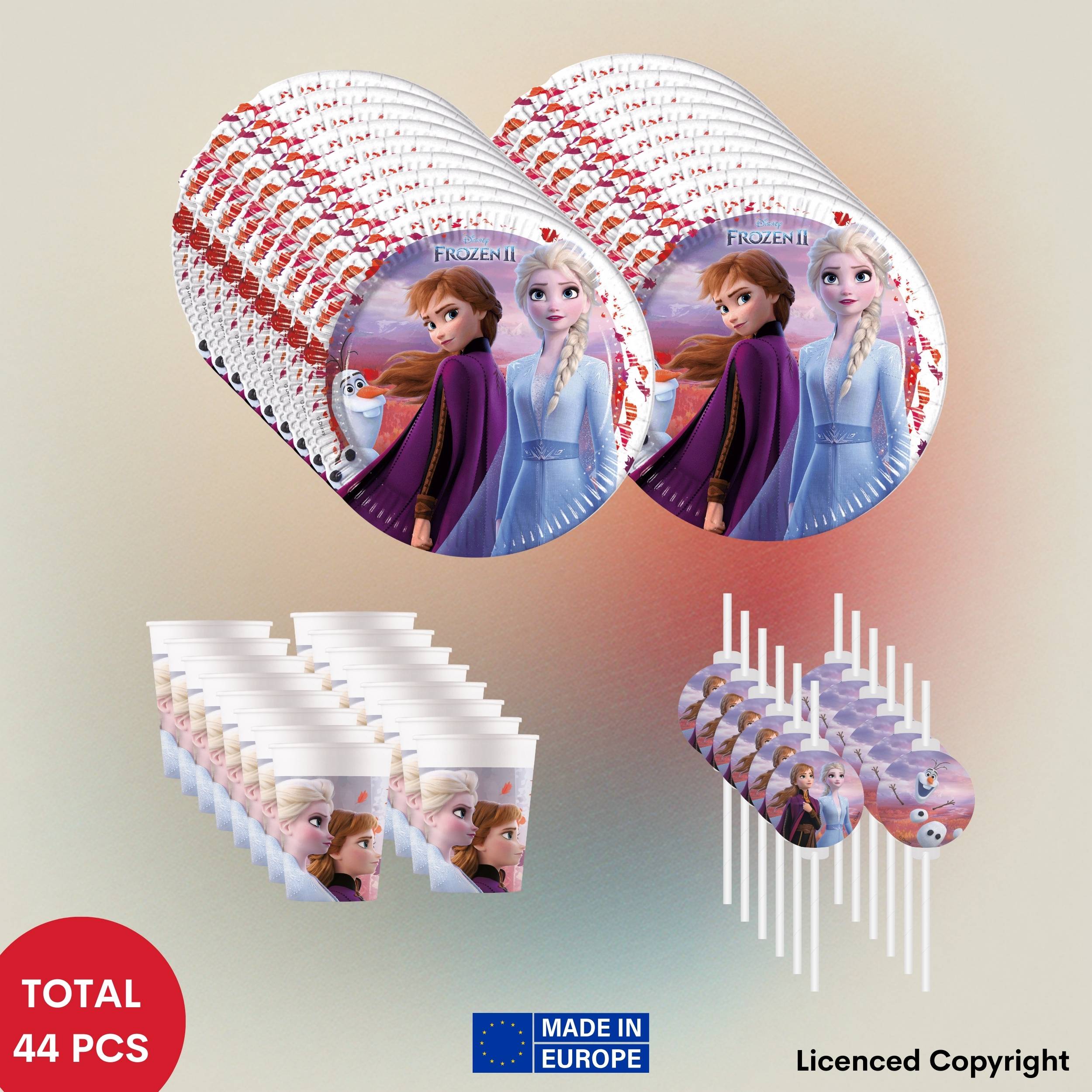 E-shop 44-tlg. Frozen 2 Partyset für Kindergeburtstag & Eiskönigin-Mottoparty  Komplett-Set mit 16 Papptellern Ø23 cm, 16 Pappbechern (200 ml) & 12
