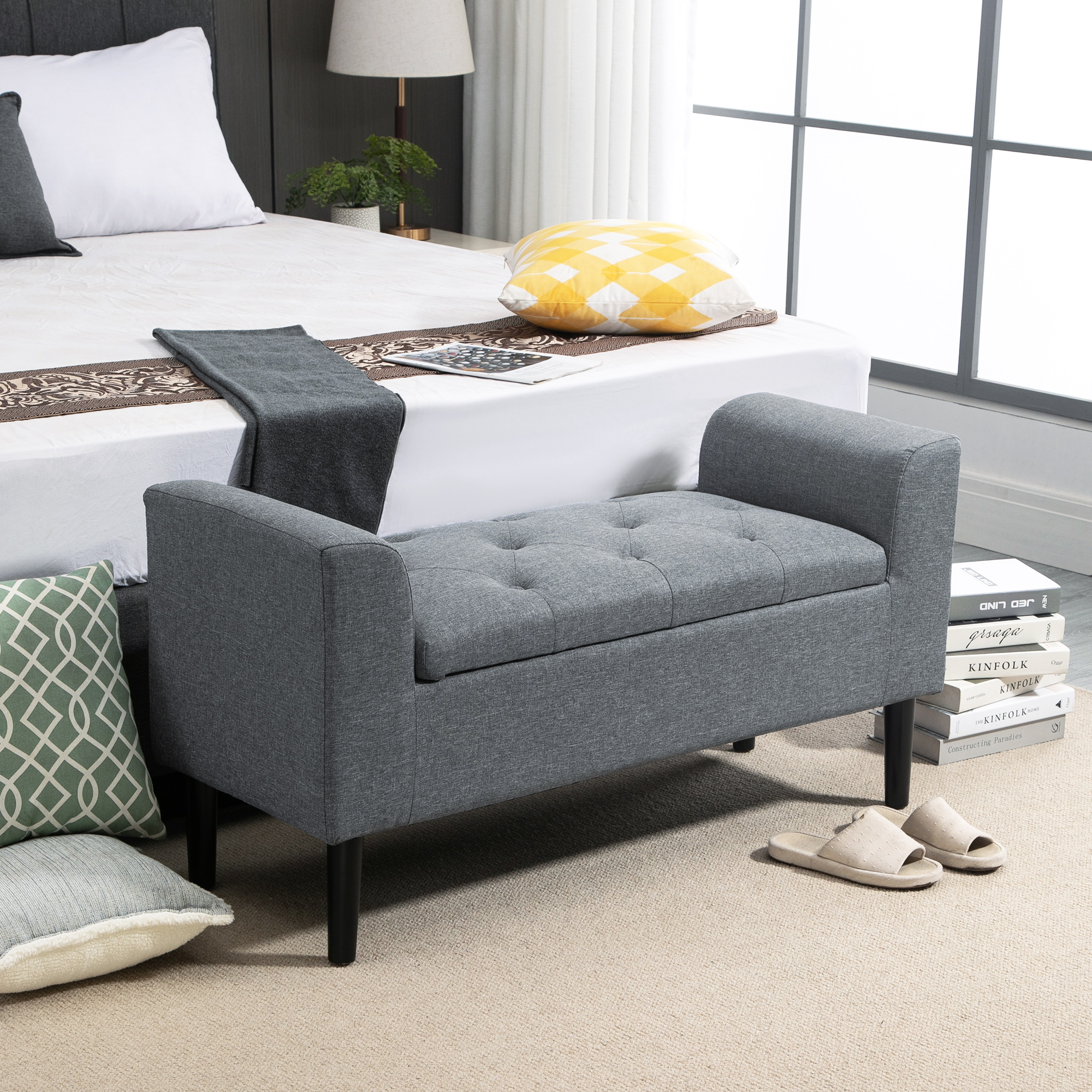 Image of Storage Bench, Upholstered Bench With Linen Look, Wooden Legs, Bed Bench Loadable Up To 130 Kg, For Living Room, Bedroom, Hallway, 116 X 44 X 58 Gray