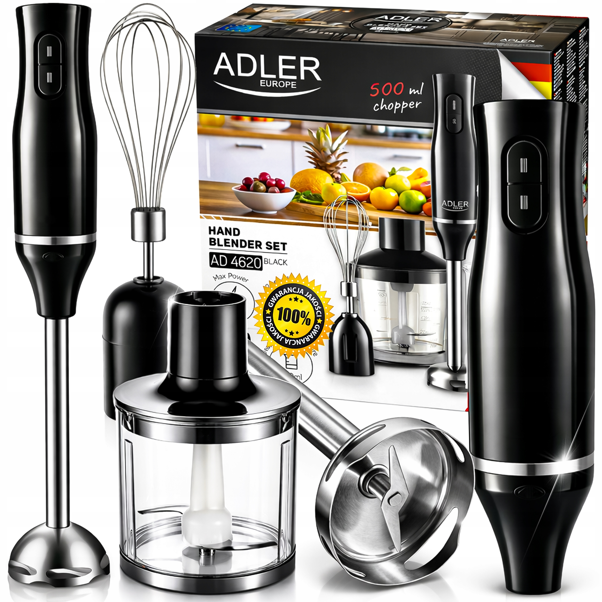 zdjęcie przedmiotu blender ręczny 4w1 800 w – stal nierdzewna, czarny, rozdrabniacz 500 ml, kubek 700 ml z miarką, ubijaczka, 2 prędkości i tryb turbo, przewód 1 m – do zup kremów, sosów, smoothie, orzechów i ziół