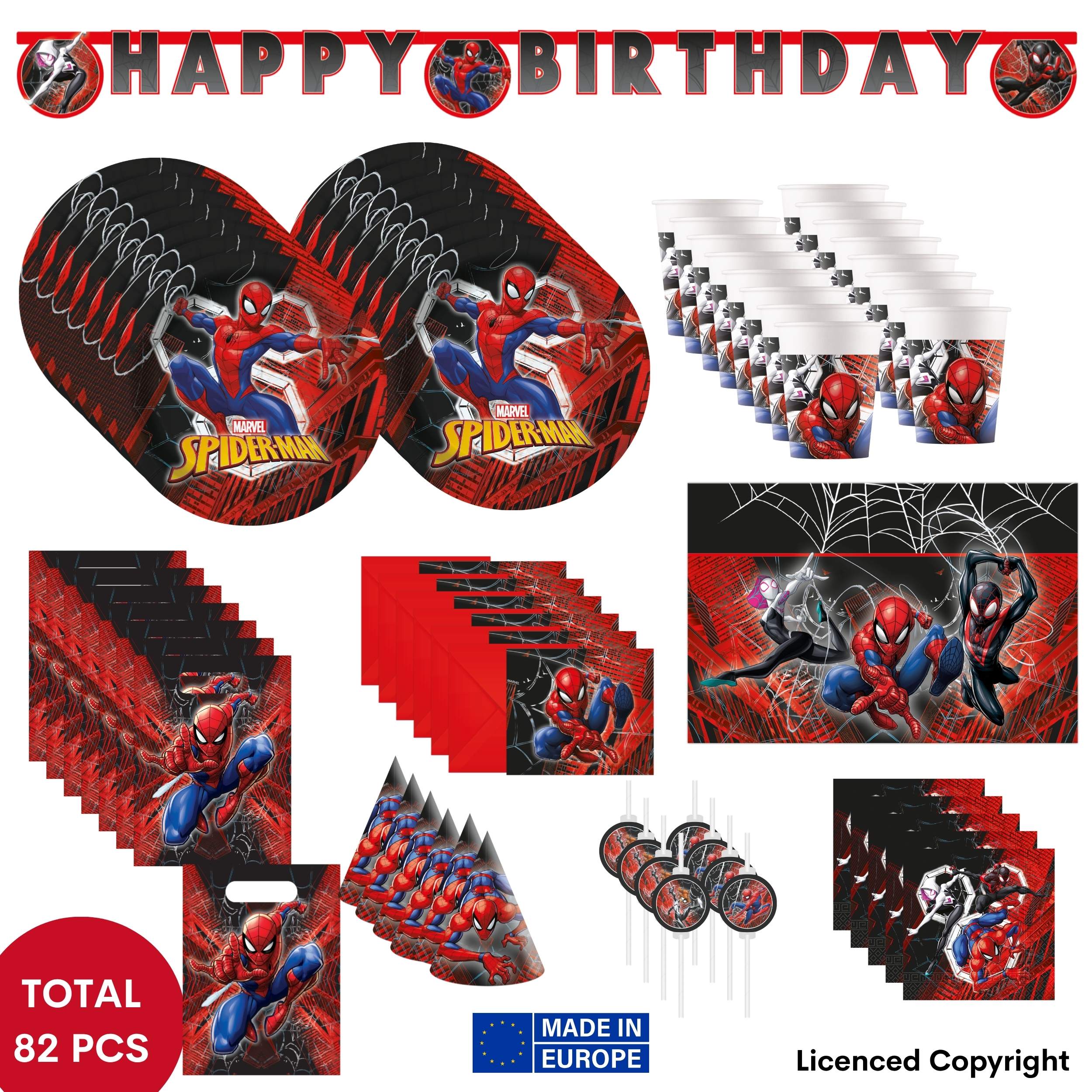 TEMU 82-tlg Spiderman World of Webs Kindergeburtstag Party Deko Set - 16 Teller, 16 Becher, 20 Servietten, 1 Tischdecke, 8 Papier-Partytüten, 1 Happy