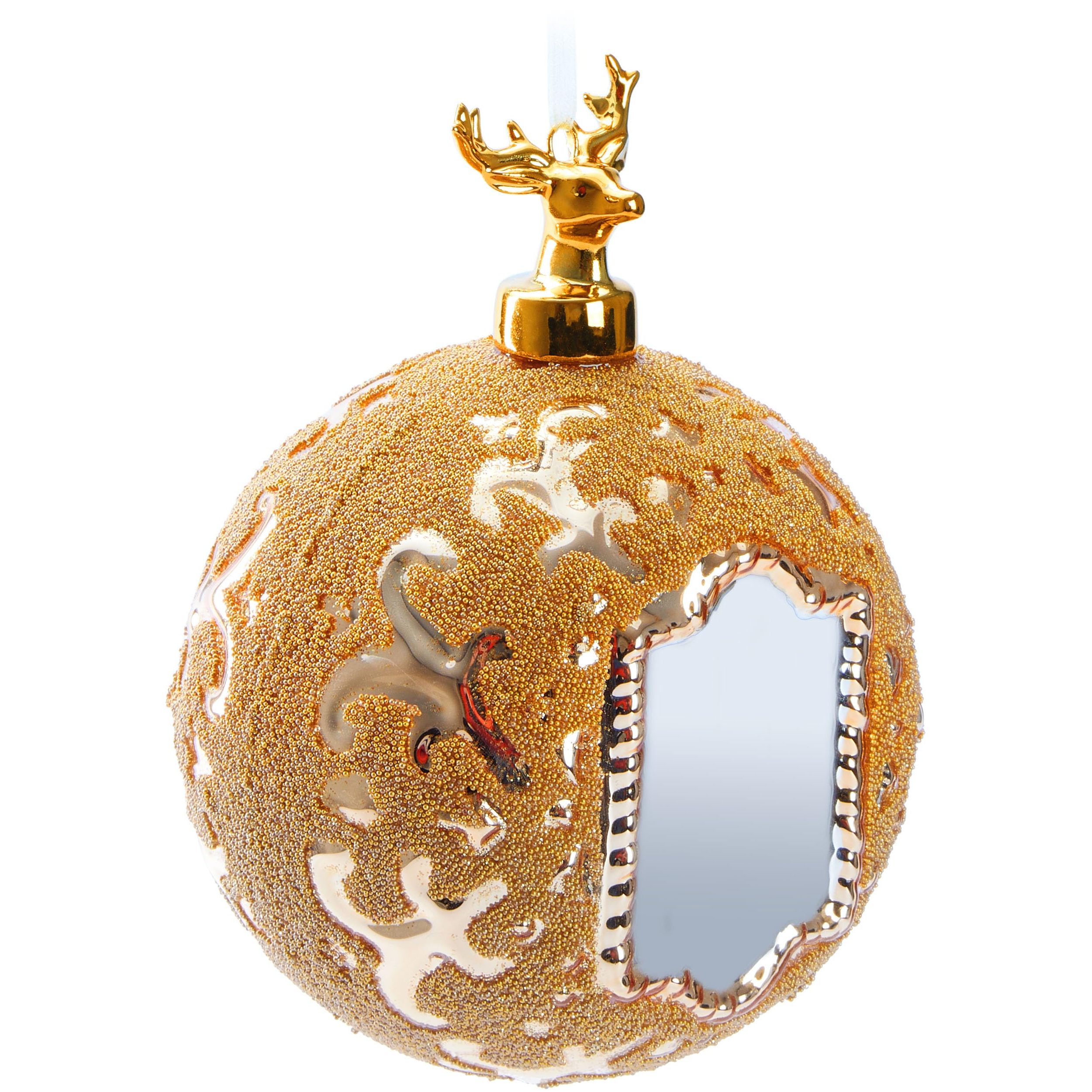 Image of Brubaker Premium Christmas Ball - - 10 Cm Tree Ball With Mirror, Gold Pattern, Pearls And Porcelain Deer Figure - Handmade - Glass Christmas Tree Ball Ornament