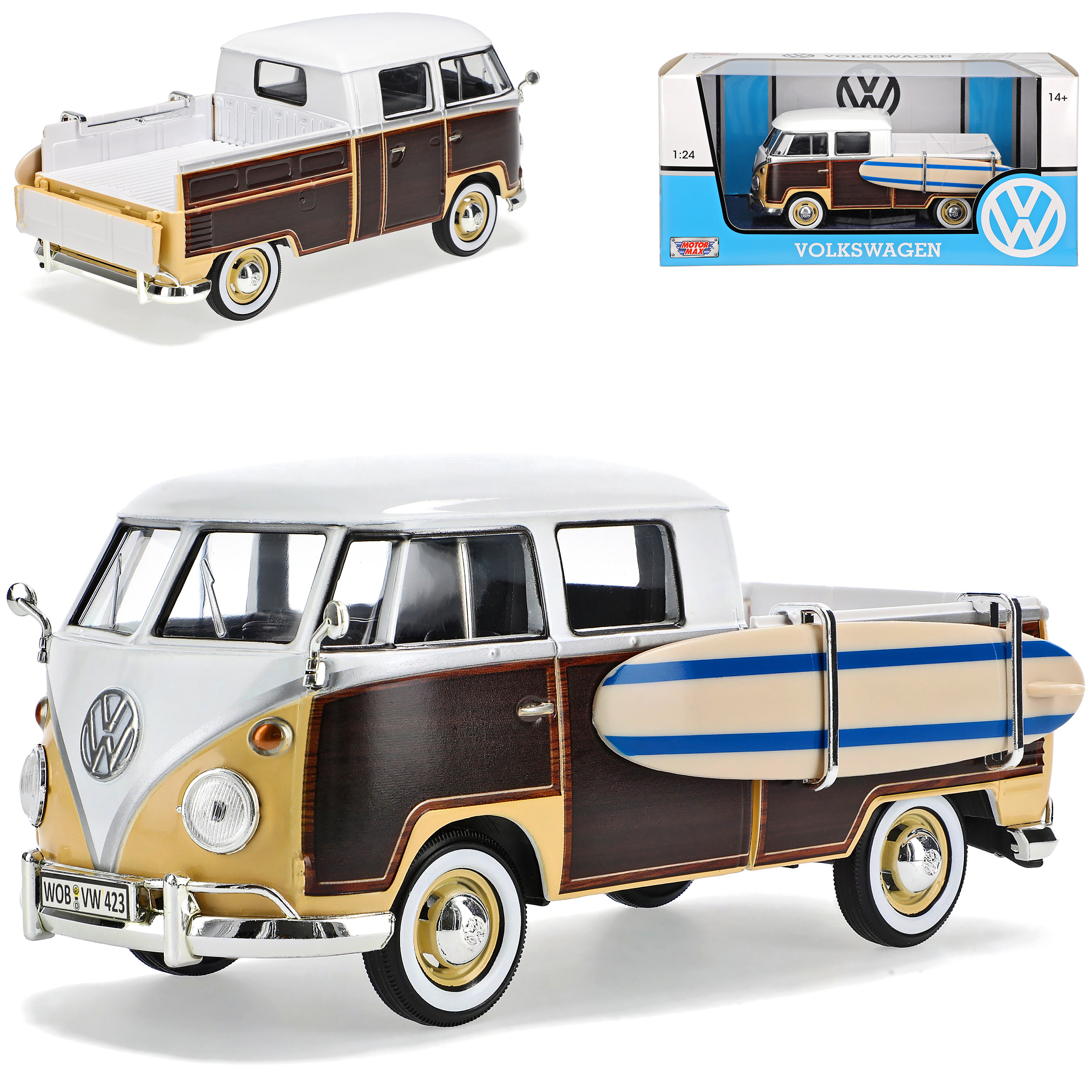 Vw T1 Pickup Brown White With Surfboard Bully Bus 1950-1967 1/24 Model Car