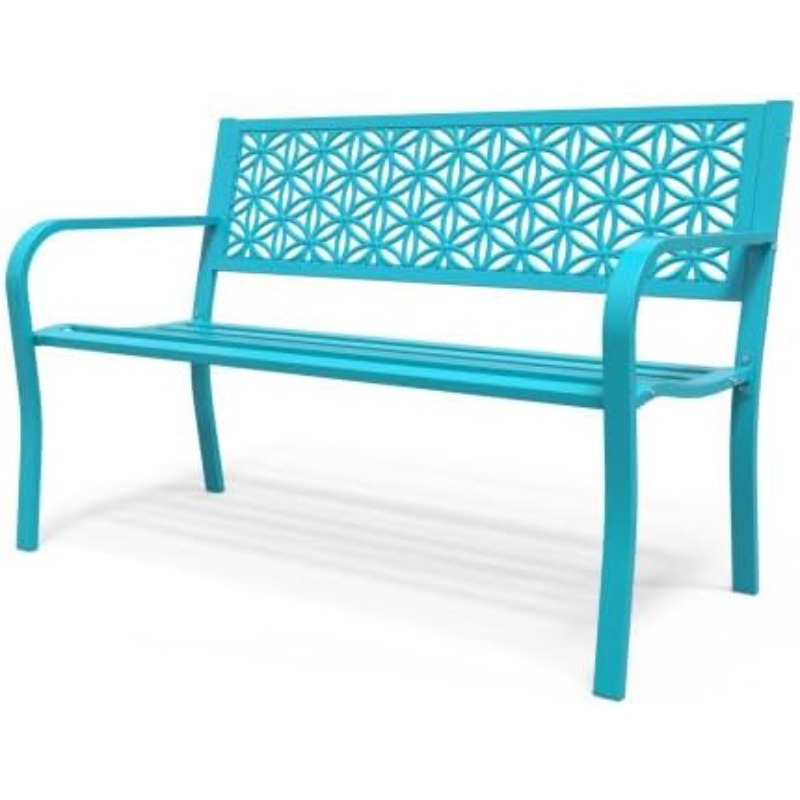 TEMU Bonnlo Banc de Jardin en Métal 127 cm, Design Floral, Banc Extérieur 2-3 Places, aux Intempéries, Charge 250 kg - Bleu