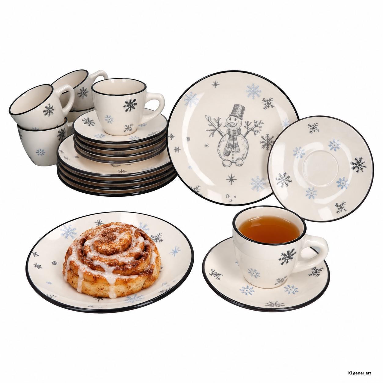 Image of 18pcs Olove With Snowman & Snowflakes, 6 Cups, Saucers, And Cake Plates Each Made Of Stoneware For Coffee, Tea, Pastries, For Advent & Christmas