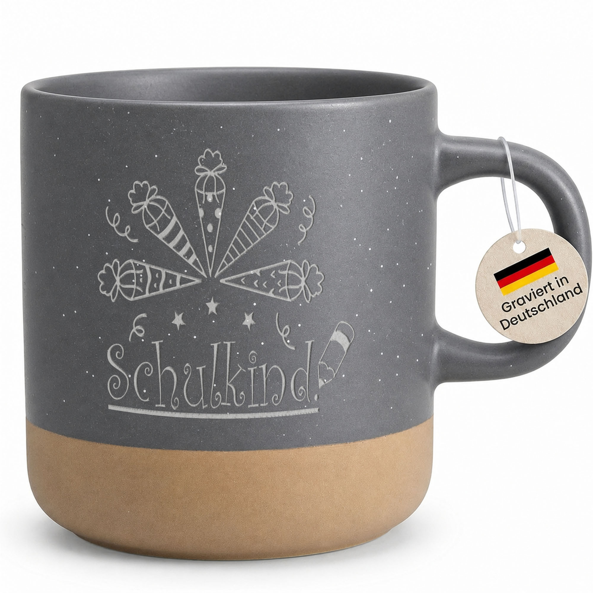 Image of School Child Cup With Engraving, Motif First Day Of School Gift Boy Girl, Personalized Coffee Cup, Grey Stoneware - Handle Left