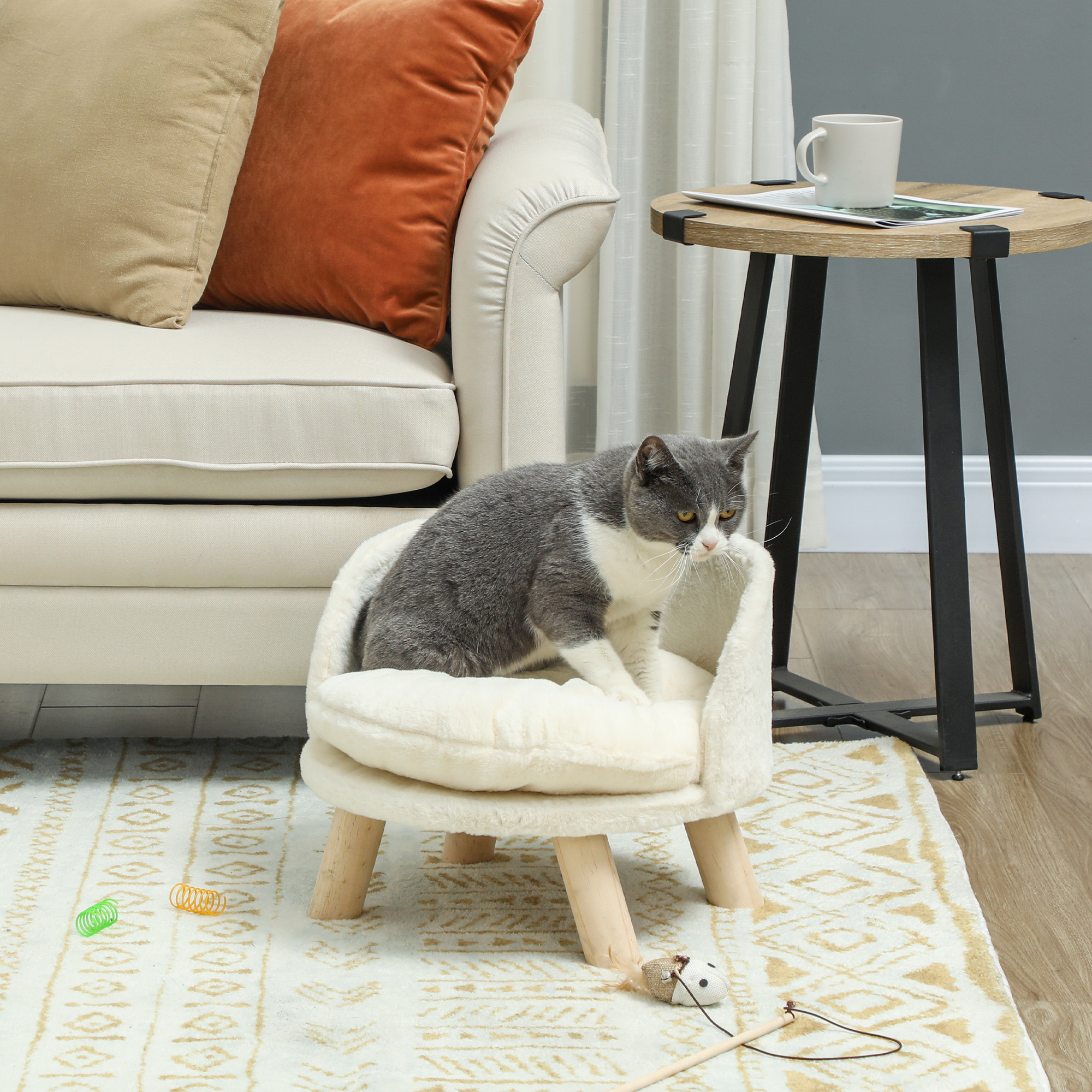 Cat Sofa, Pet Sofa With Cushion, Cat Bed, Cat Chair, Cat Stool, Elevated Pet Bed With Non-slip Wooden Feet, Dog Sofa, Indoor, Cream White, 40.5 X 40.5 X 33 Cm