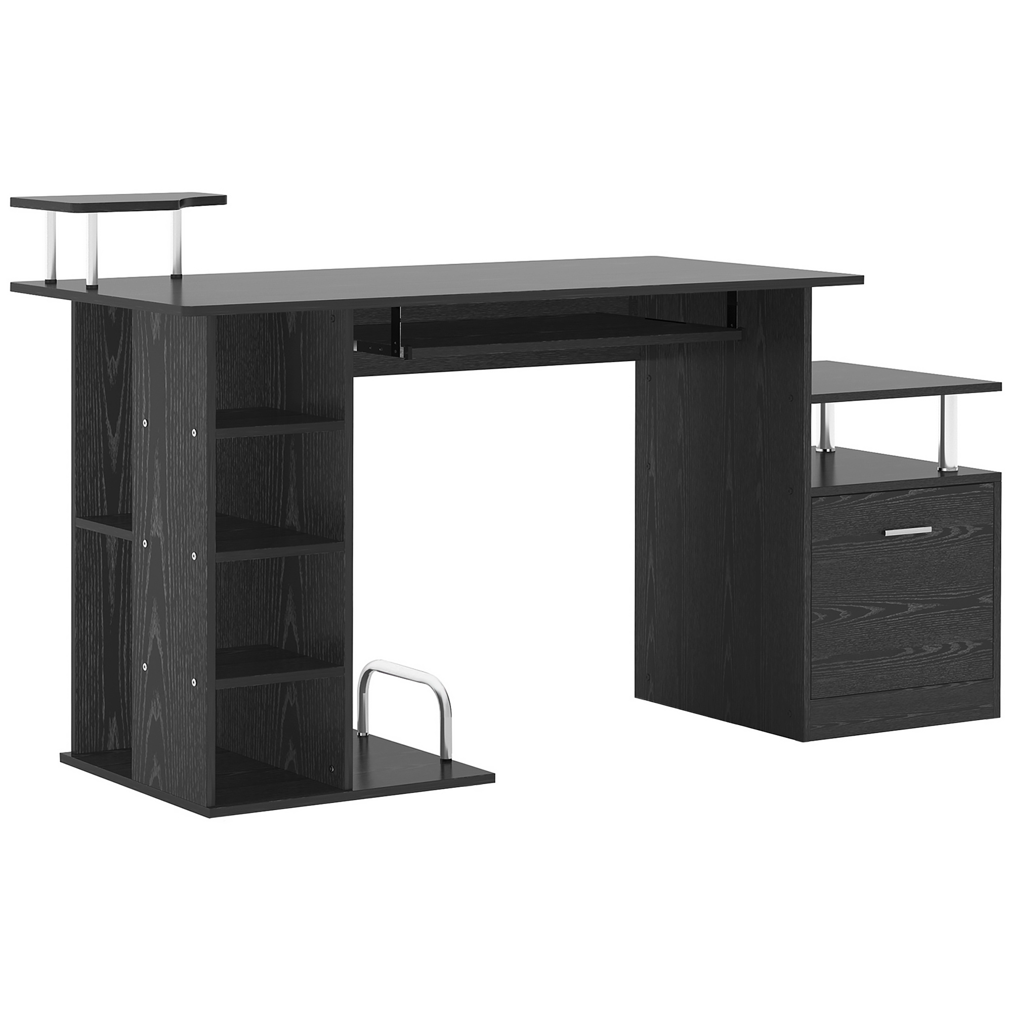 Image of Computer Desk With 6 Shelves, Drawer, Keyboard Tray, And Monitor/printer Stands For Office Or Study, 152x60x88 Cm, Black