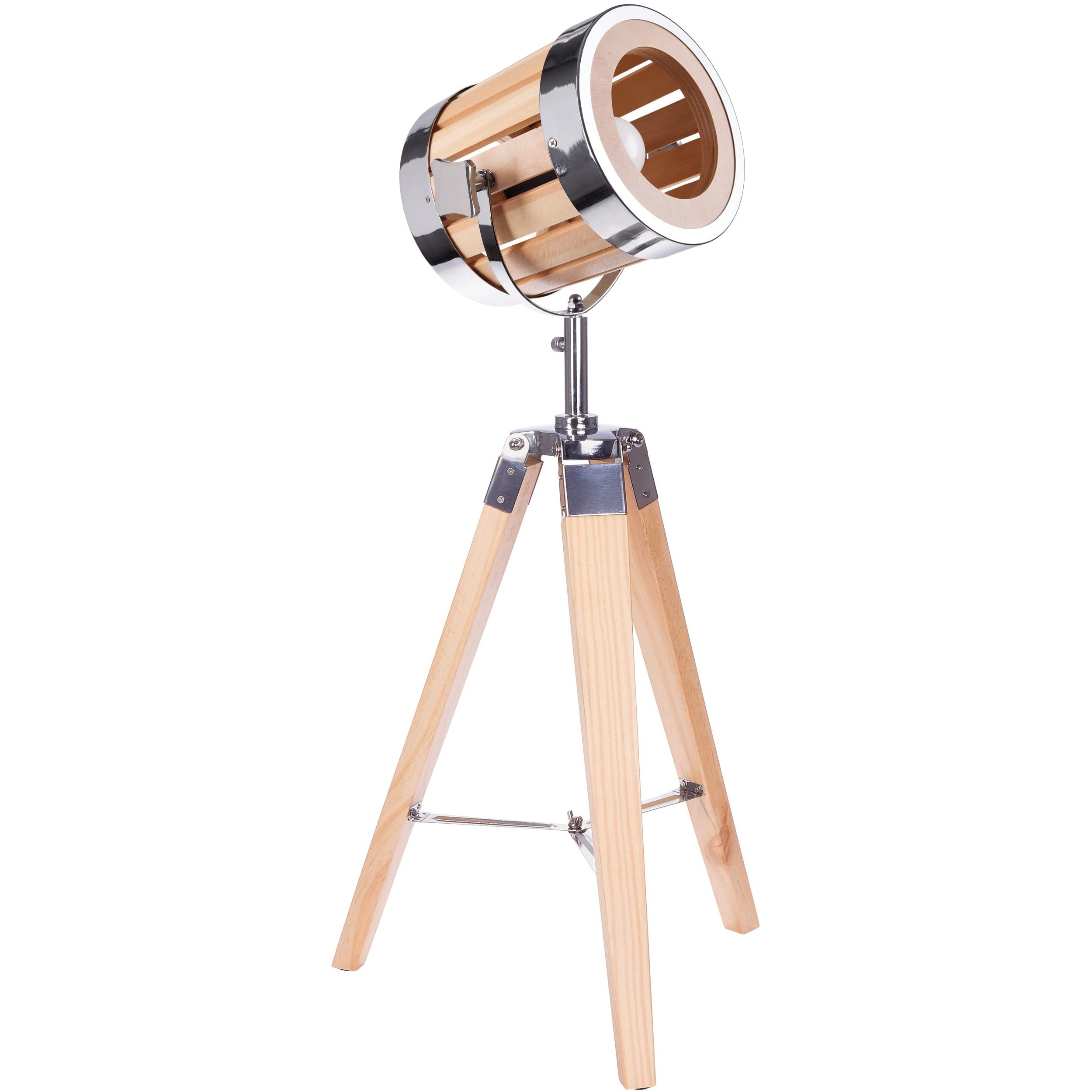 Image of Brubaker Floor Lamp Tripod Lamp - 65 Cm Height - Wooden Tripod Legs - Wooden Spotlight/chrome Details (bulb Not Included)