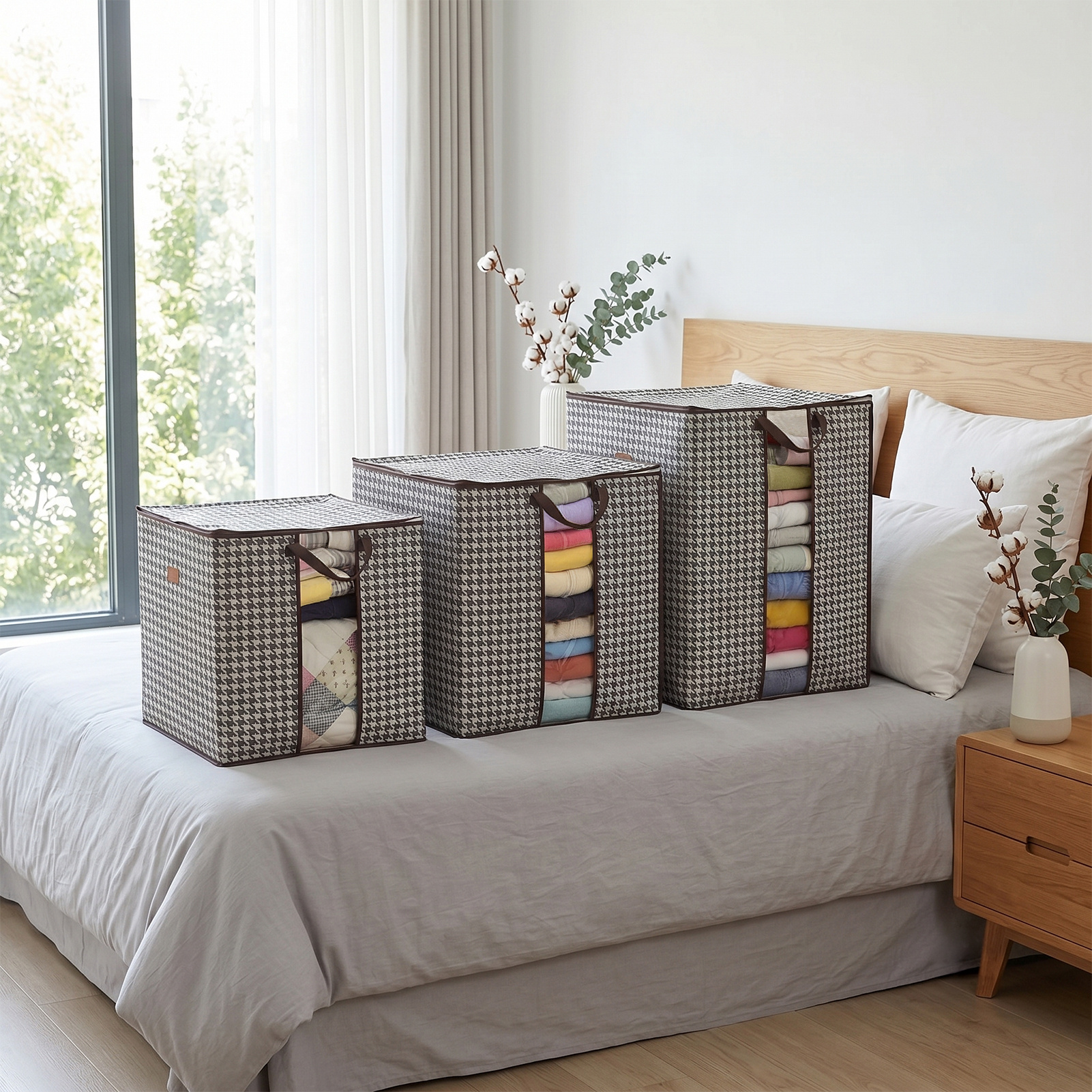 Pack of 3 Houndstooth Storage Bags - Collapsible Dustproof Boxes