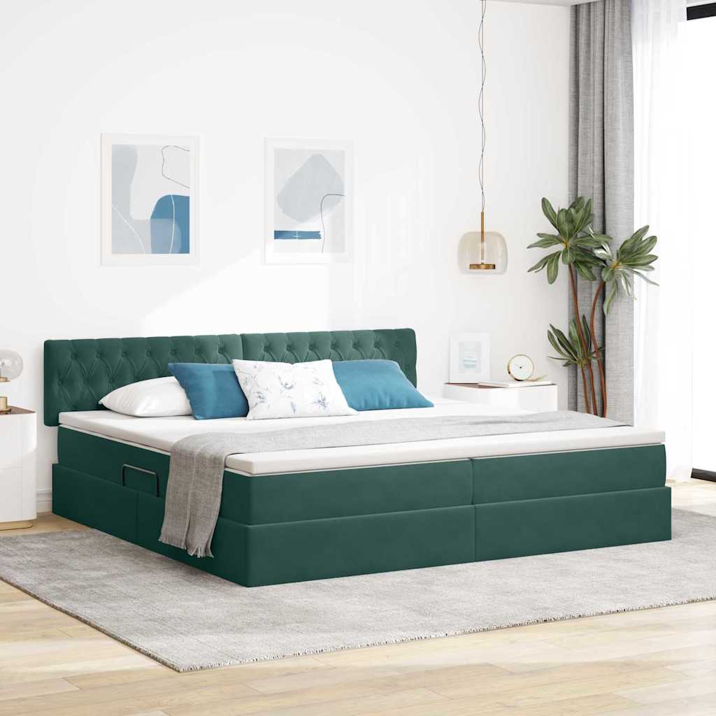 Vidaxl Storage Bed With Headboard, Dark Green, 200 X 200 Cm, Velvet, Bedroom, Modern Bed, Storage Space, Functional, Metal Frame, Elegant Design, Space-, Includes Mattress