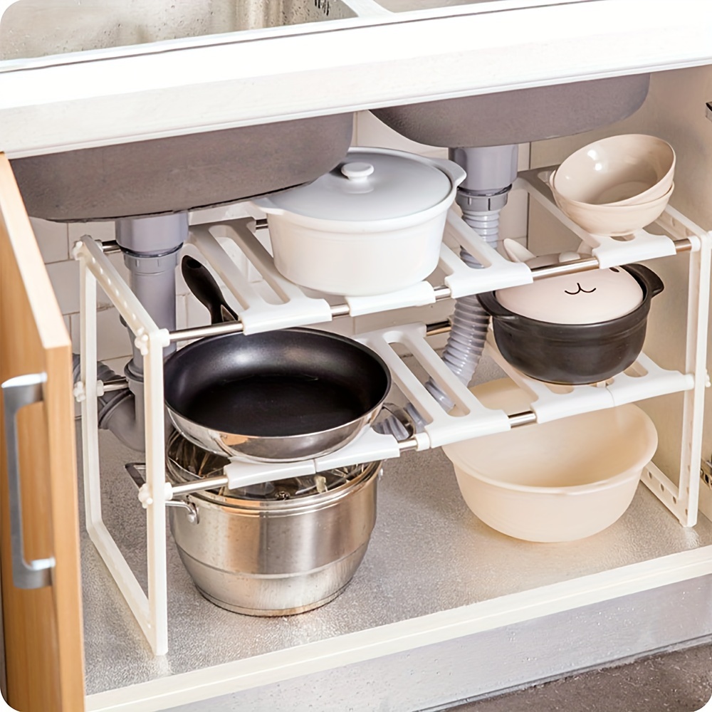 Expandable Under-sink Organizer Rack - 2-tier Adjustable Shelves For Pots, Pans & Cleaning Supplies - Multi-use Metal/plastic Storage For Kitchen Cabinets