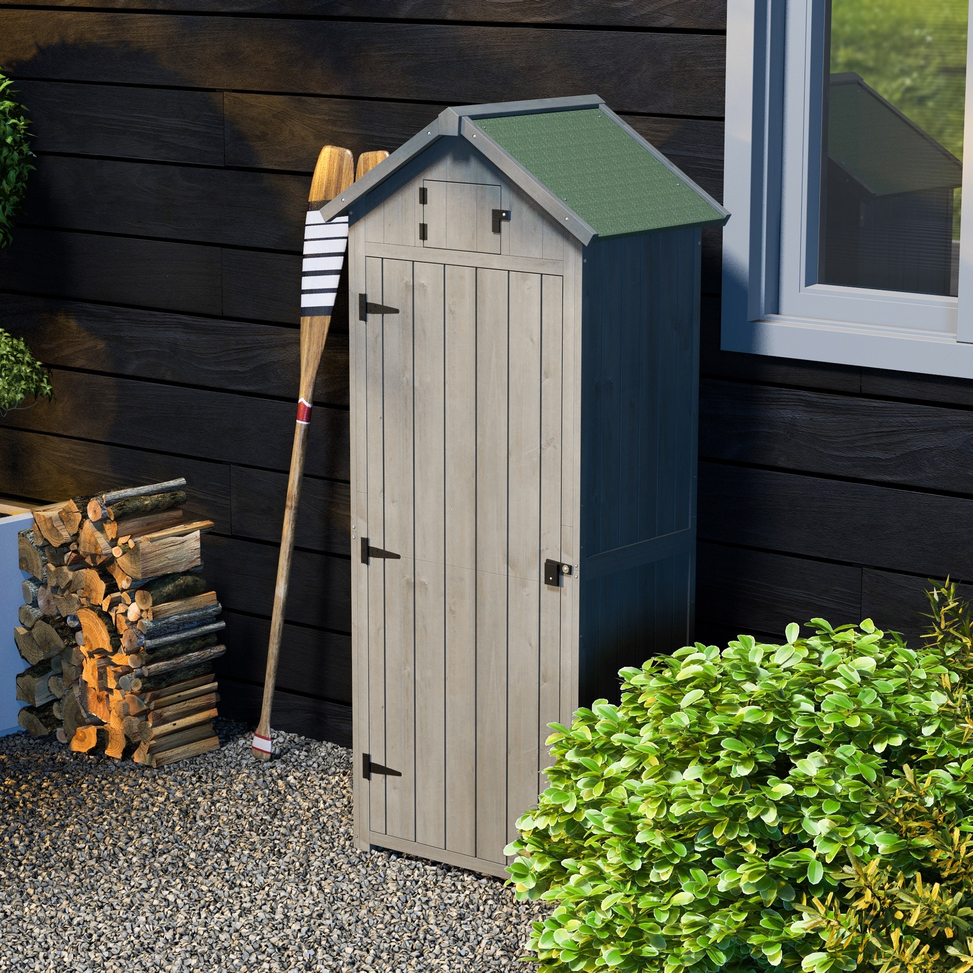 Weatherproof Wooden Garden Shed, Tool Storage Cabinet 77x54.2x179cm, With Door, Roof, Tool Cabinet For Garden, Terrace, Gray+green