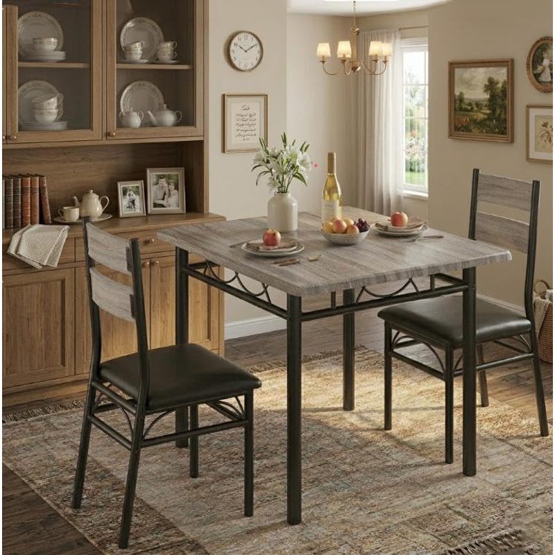Image of Dining Table And 2 Chairs, Industrial Kitchen Table In Rustic Wood And Metal, Furniture Set For Dining Room, Living Room, Small Space, Vintage Style, Brown And Black
