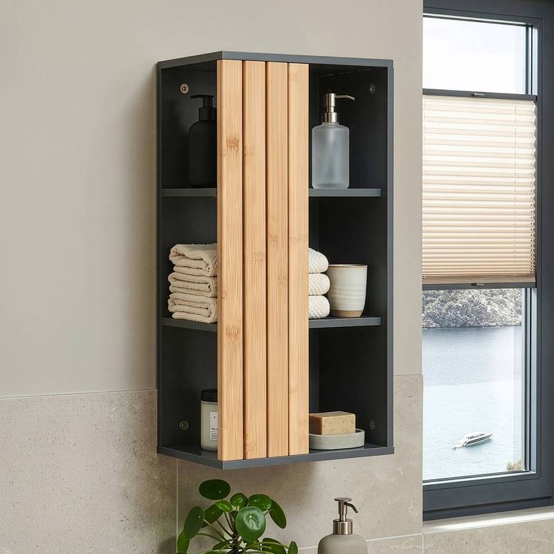 Svanes Wall-mounted Bathroom Cabinet, 60 X 30 X 20 Cm, With 3 Storage Compartments, Bamboo Front, Dark Gray/natural