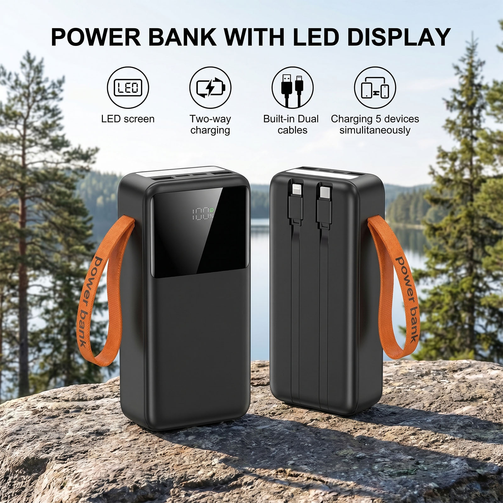 TEMU 50000 Mah Power Bank Usb-c Power Bank , Integrated Cables | 4 Ports & Travel Essential, Portable Charger With Digital Display& Led Flashlight,